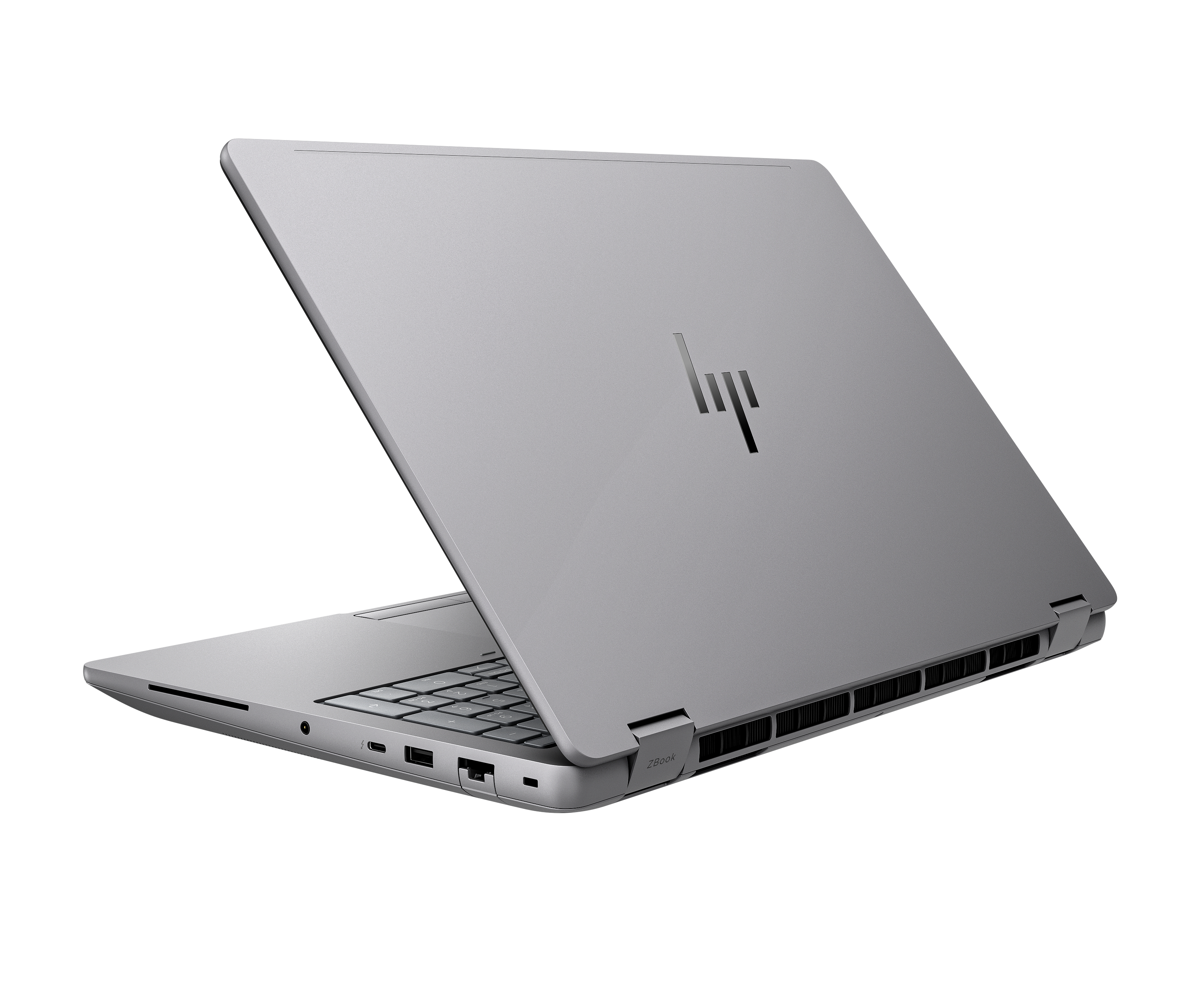 Un laptop HP ZBook argentato con il coperchio aperto, tastiera visibile.