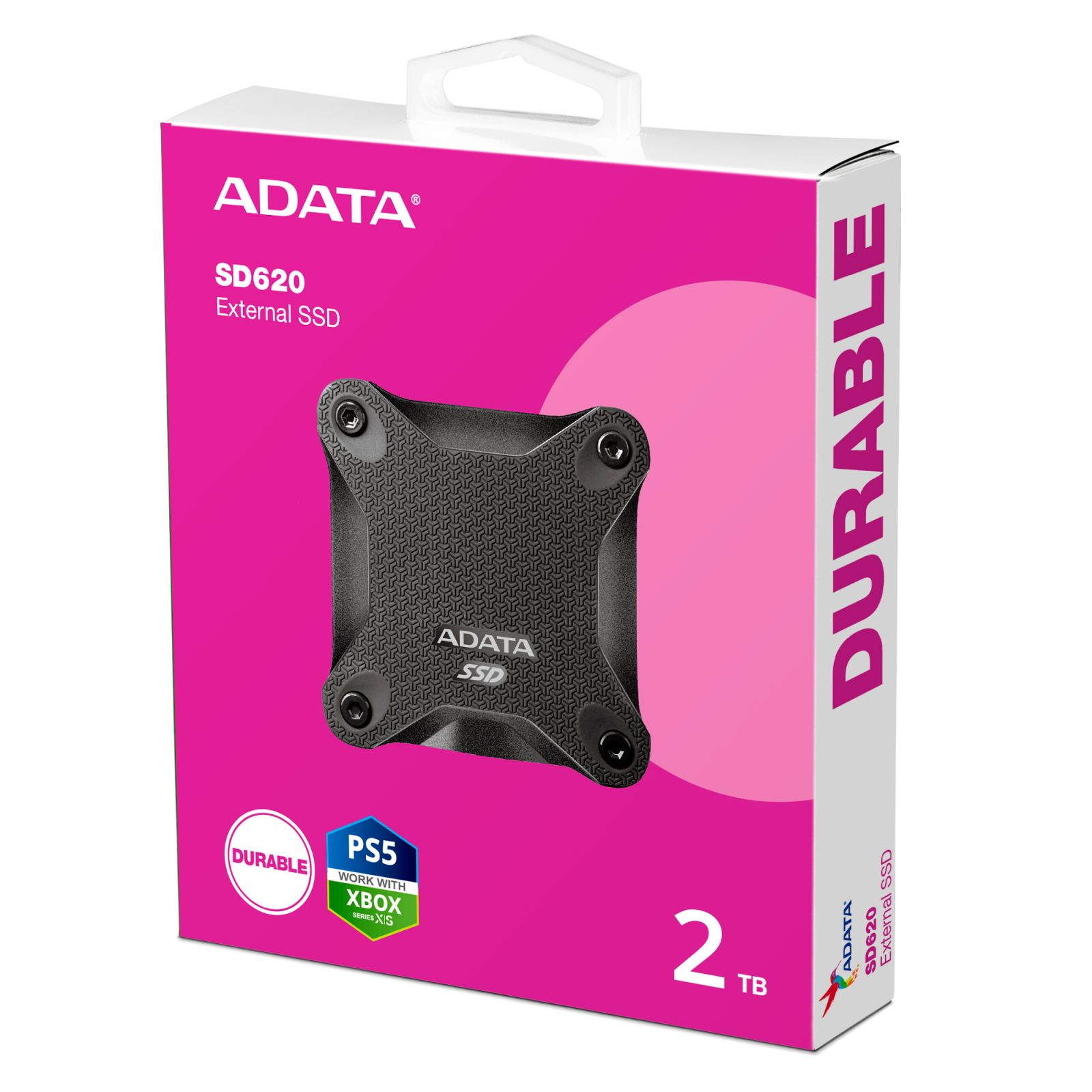 ADATA SD620 external SSD 2TB on pink and white packaging, PS5/Xbox compatible.