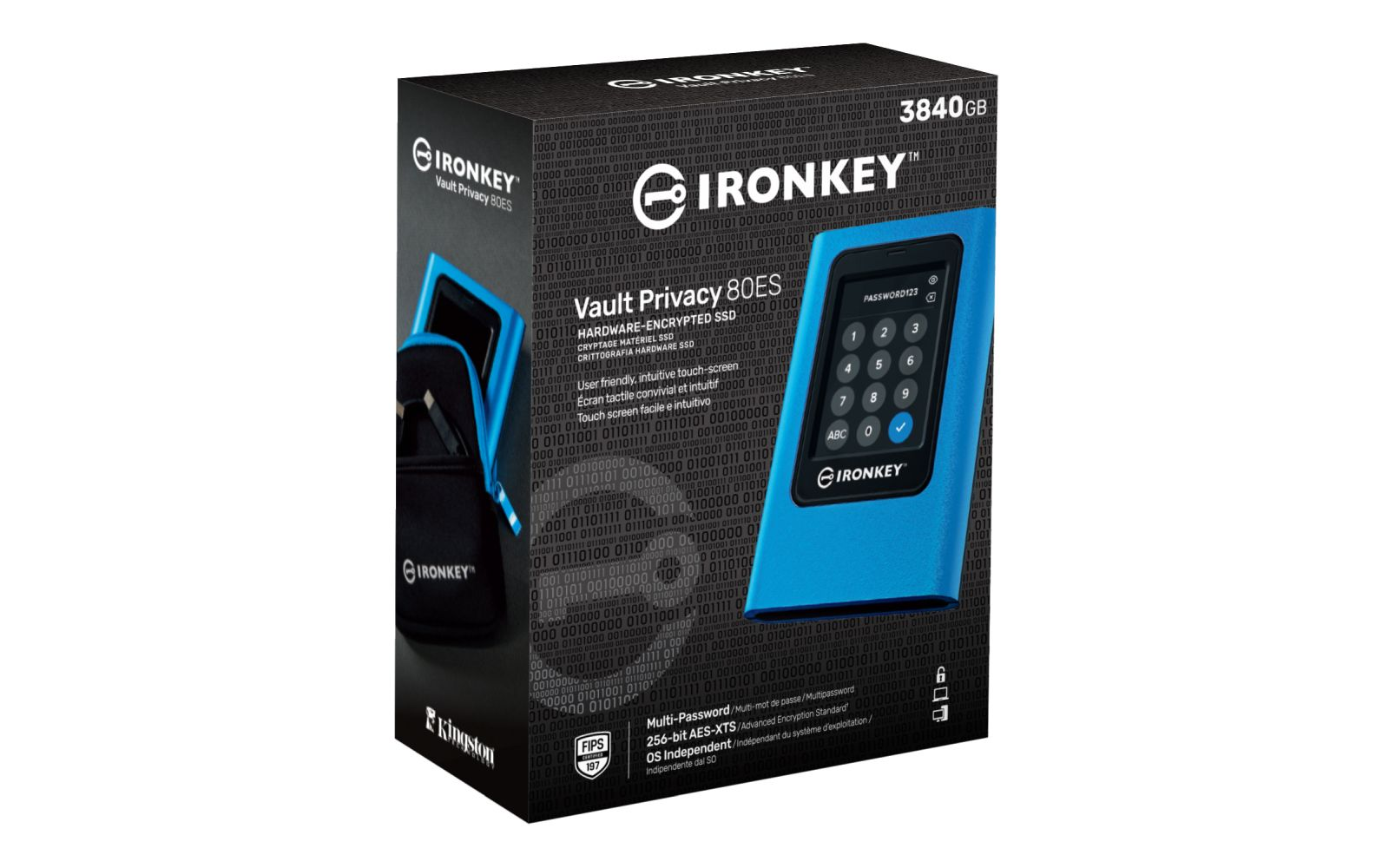 Een blauwe IronKey Vault Privacy 80ES 3840GB SSD met touchscreen en toetsenbord.