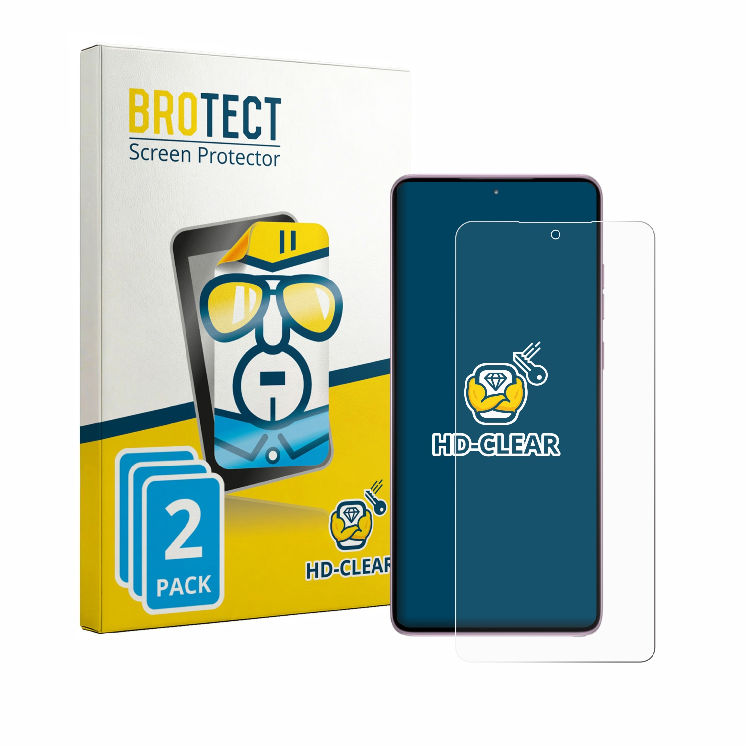 Verpackung für BROTECT Displayschutzfolie, 2 Stück, mit Handy und Schutzfolie.