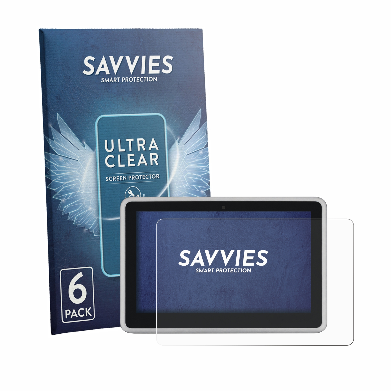 Savvies 6er-Pack Displayschutzfolien für Tablets. Eine Folie ist auf einem Tablet.