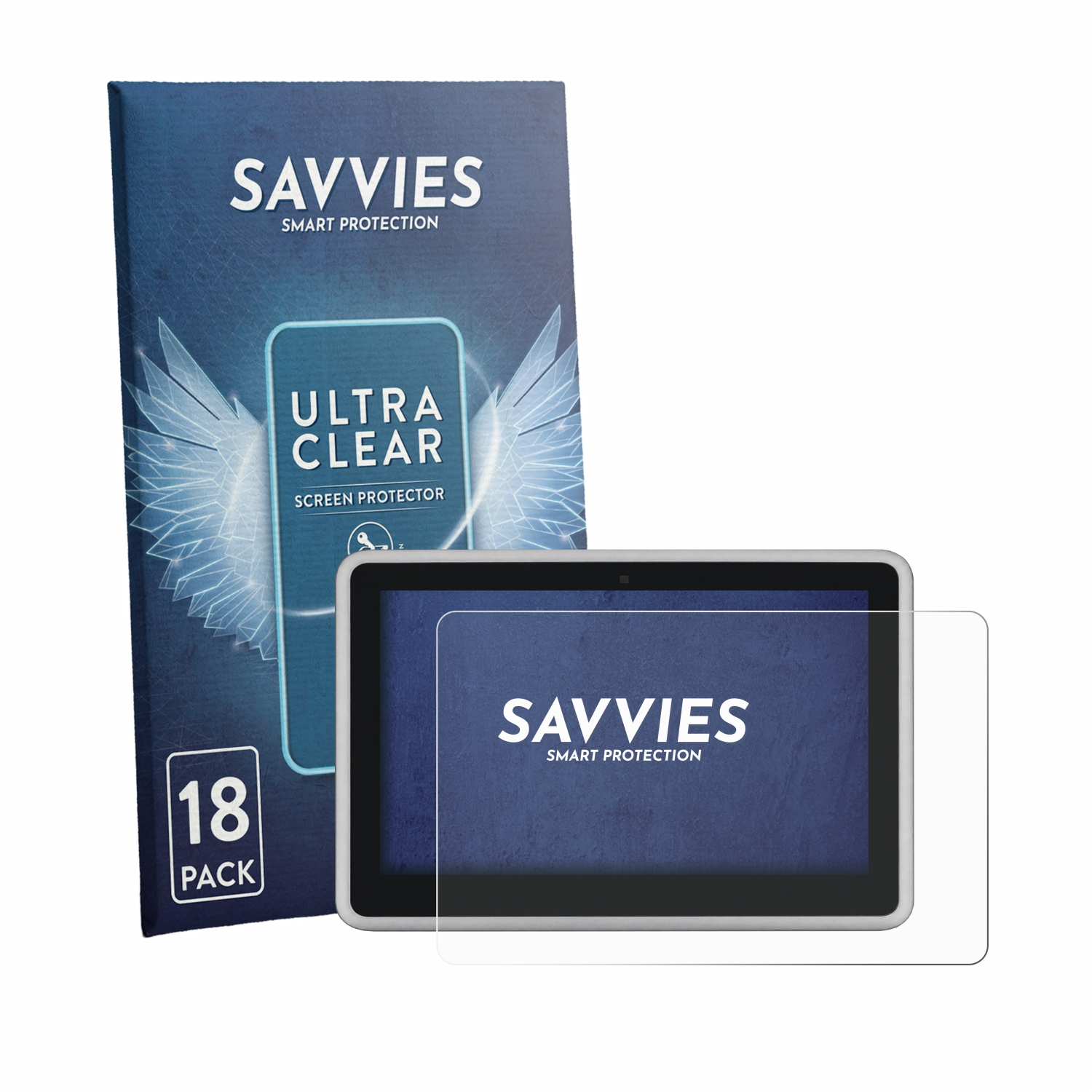Savvies Verpackung und ein Tablet mit Displayschutzfolie. 18er Pack.