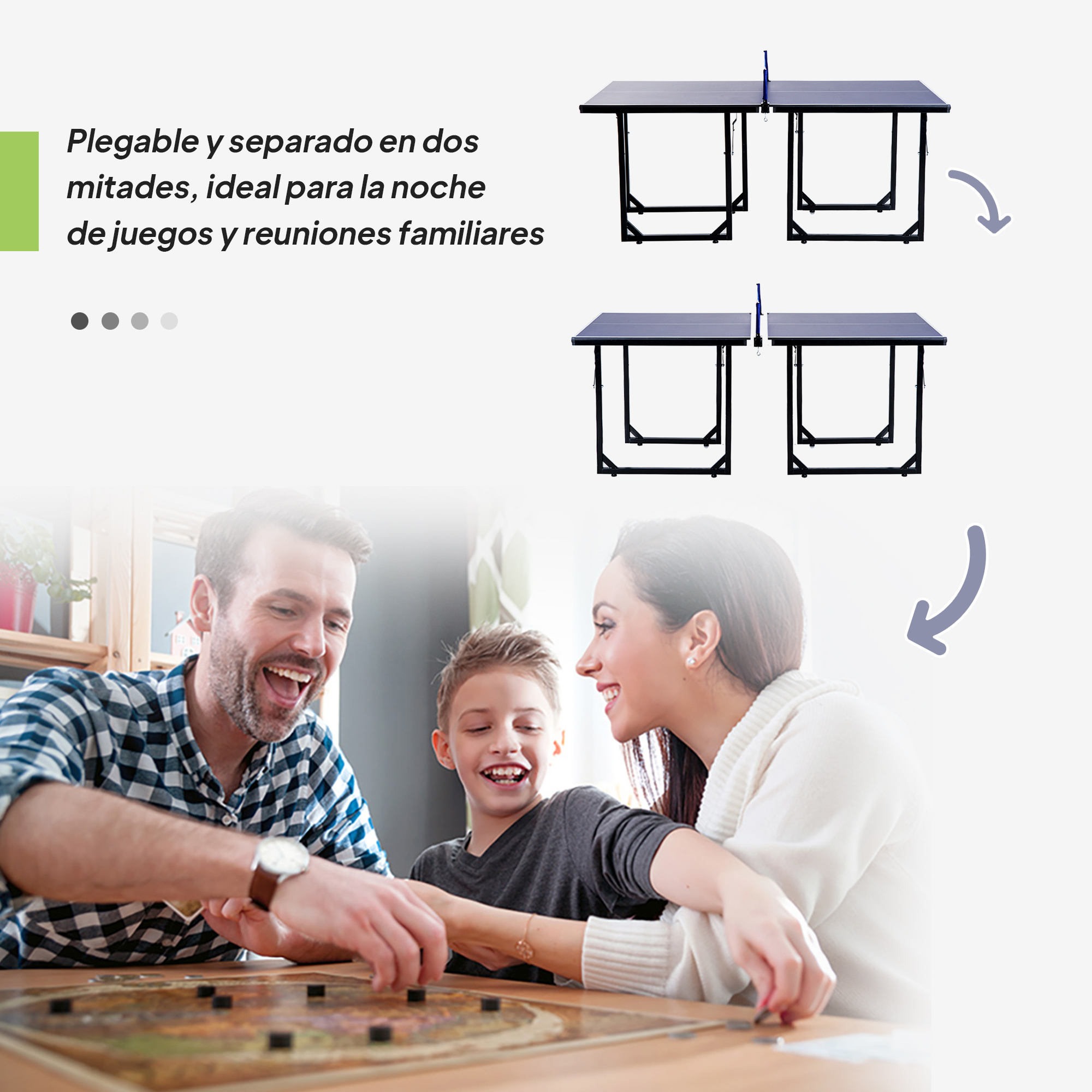 Familia juega juego de mesa con dos mesas de ping pong plegables.