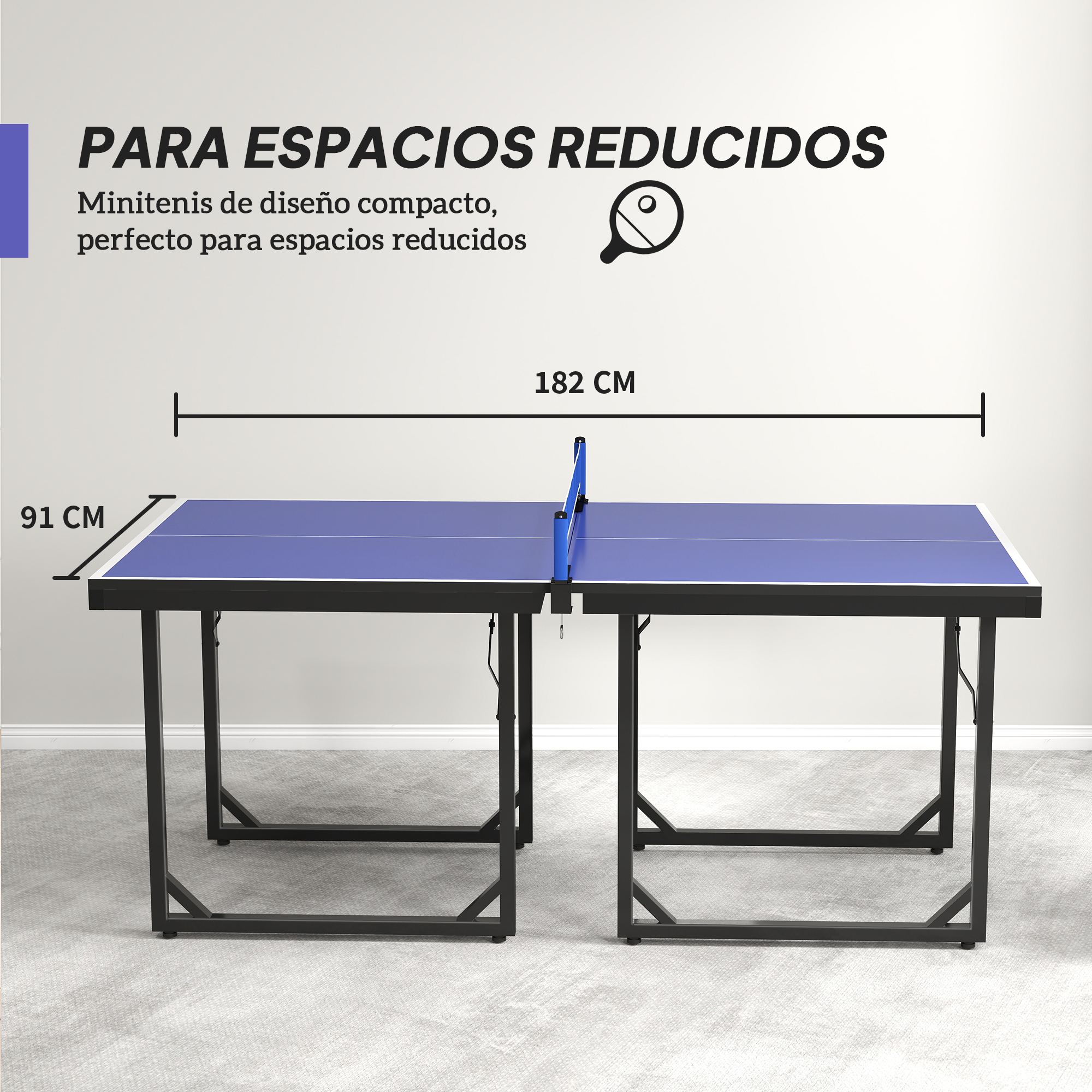 Una mesa de ping pong azul con marco y red negra, de 182x91 cm.