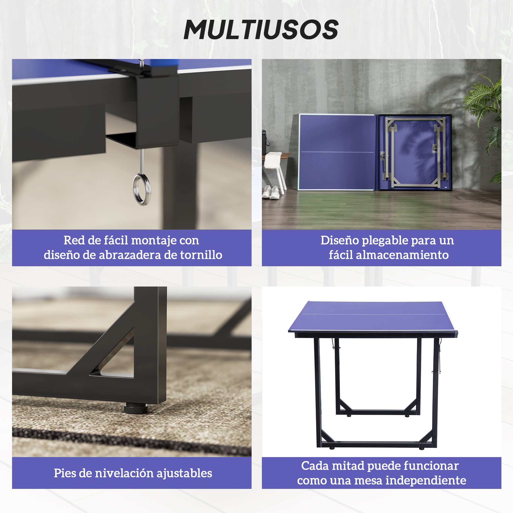 Mesa multiusos: red, plegable, pies ajustables, mitades de mesa.