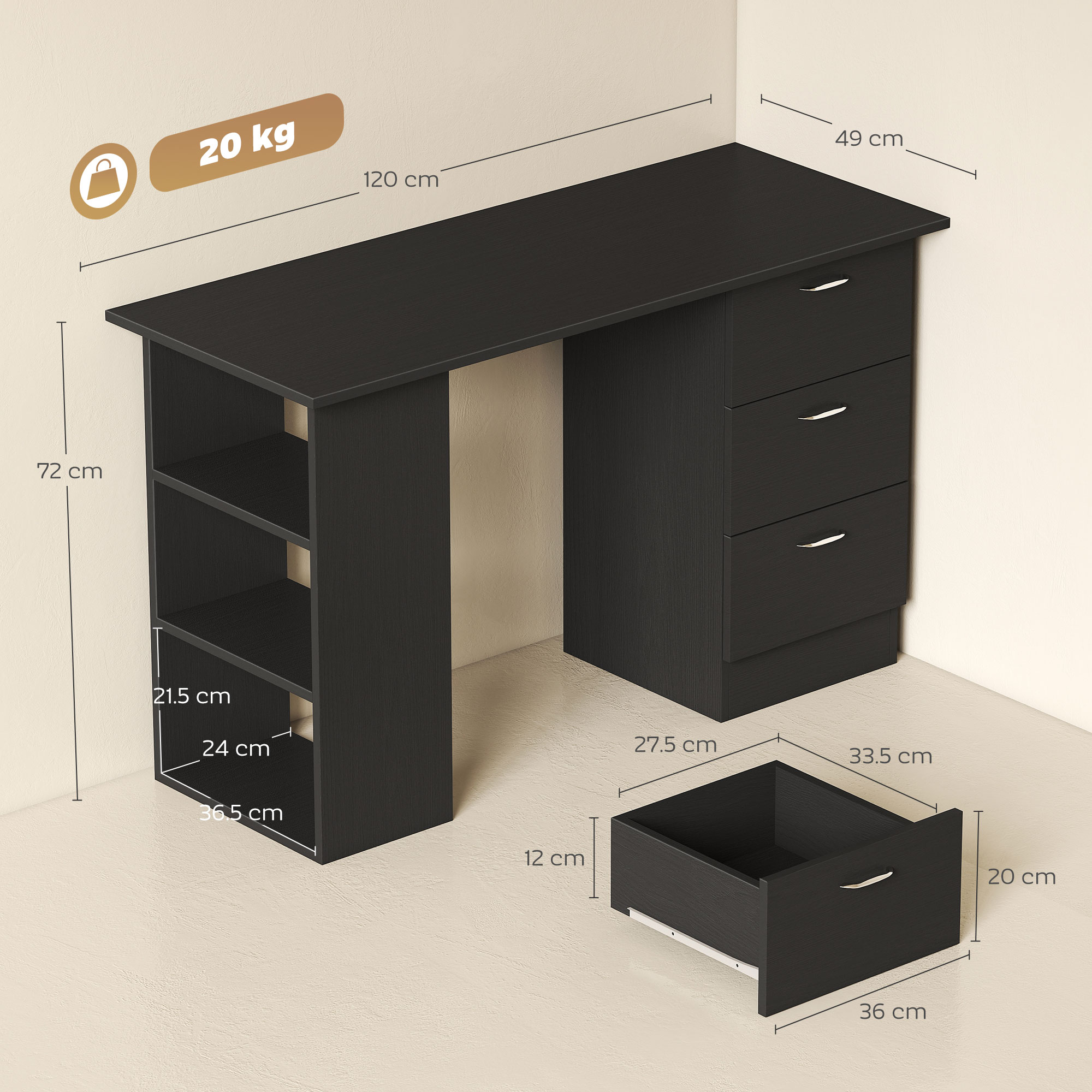 Scrivania nera con 3 cassetti e mensole aperte, dimensioni 120x49x72cm.