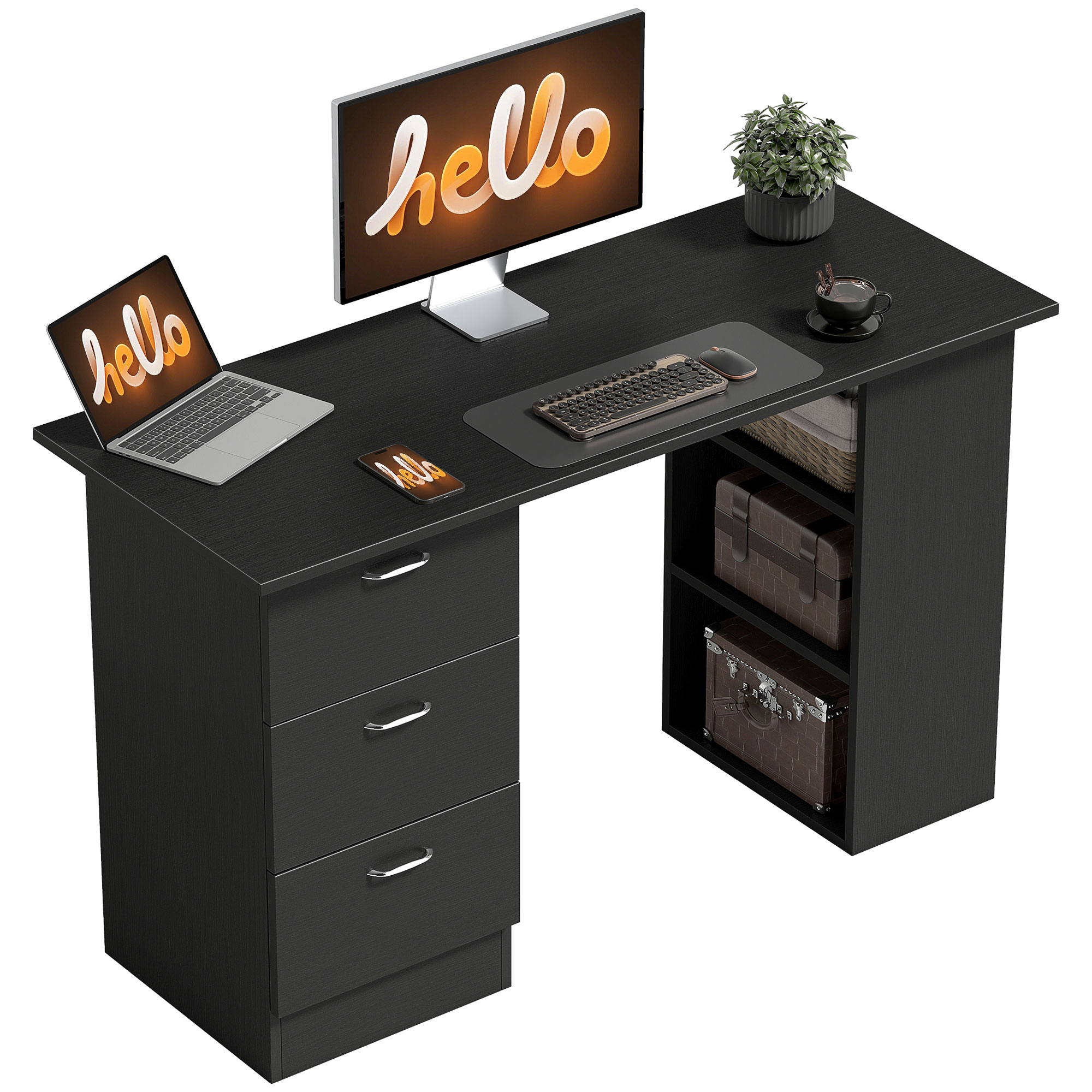Scrivania nera con laptop, monitor, tastiera, mouse, pianta e tazza.