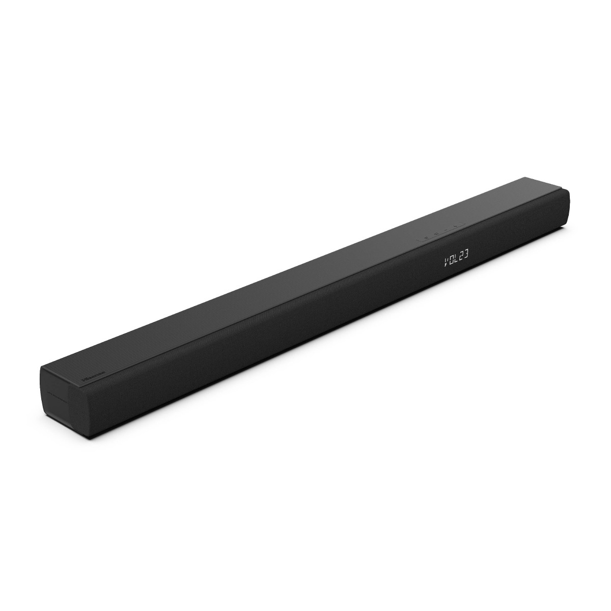Soundbar nero e lungo con display digitale e superficie superiore a coste.