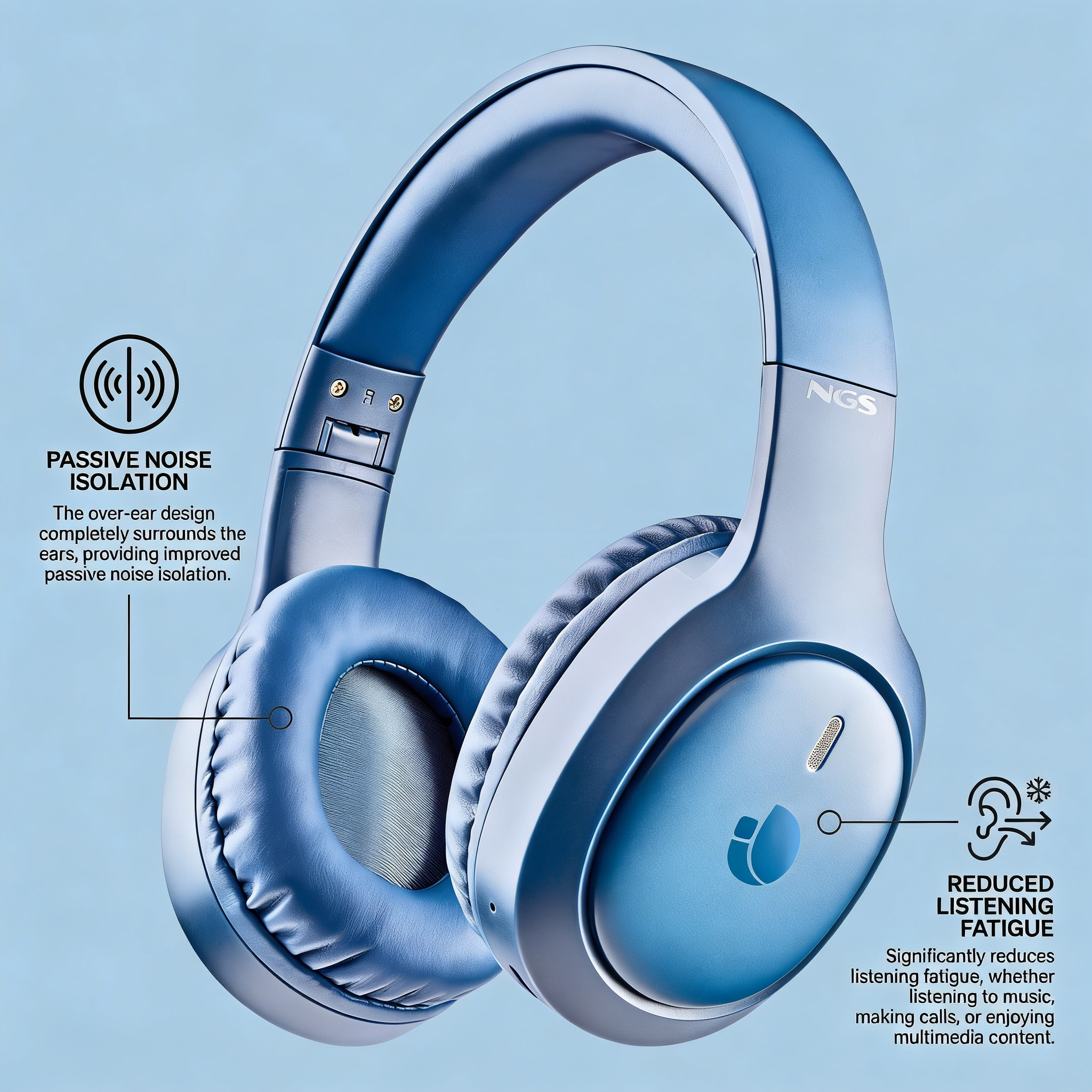 Cuffie blu circumaurali con isolamento passivo del rumore e ridotta affaticamento uditivo.
