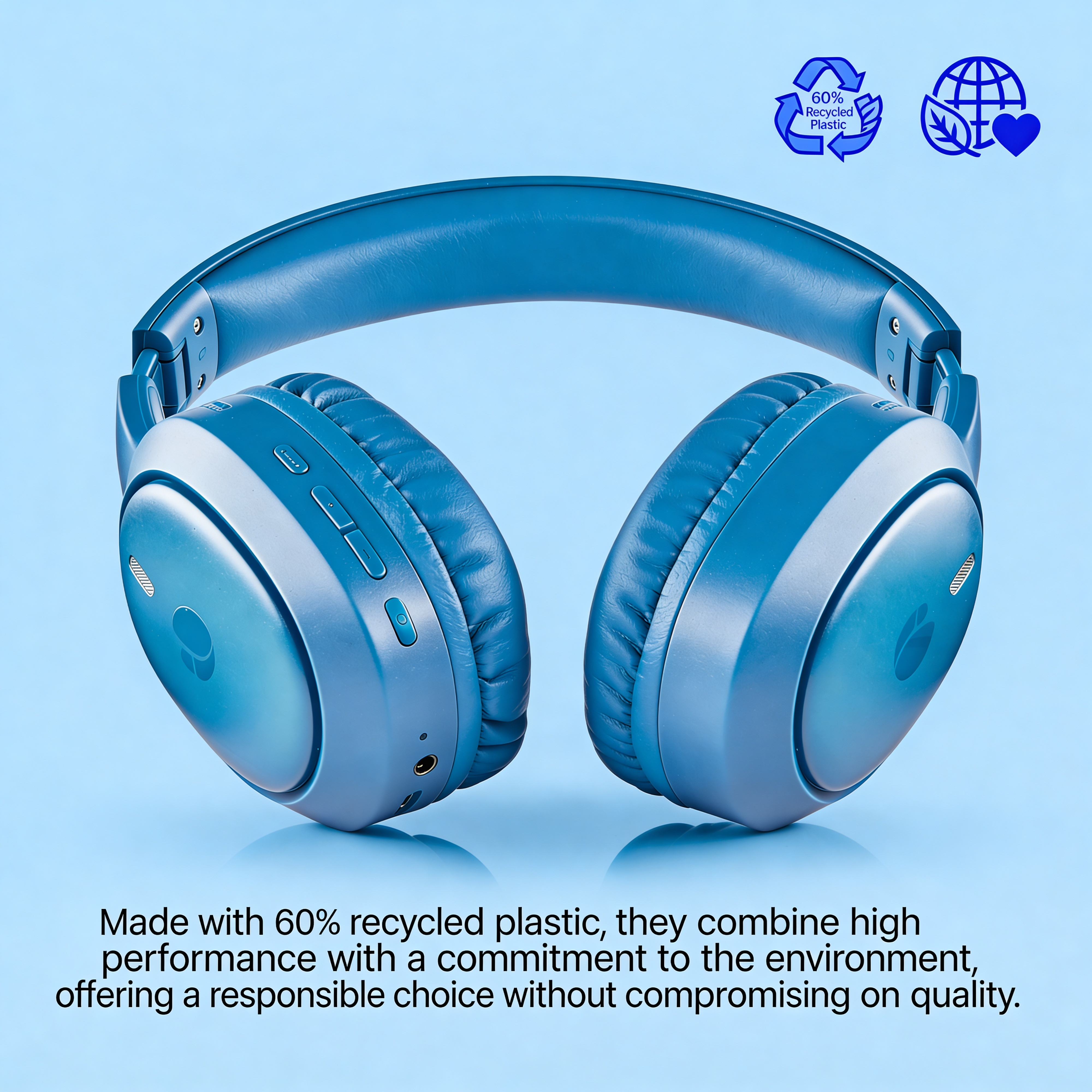Cuffie blu con logo plastica riciclata 60% e icona globo.