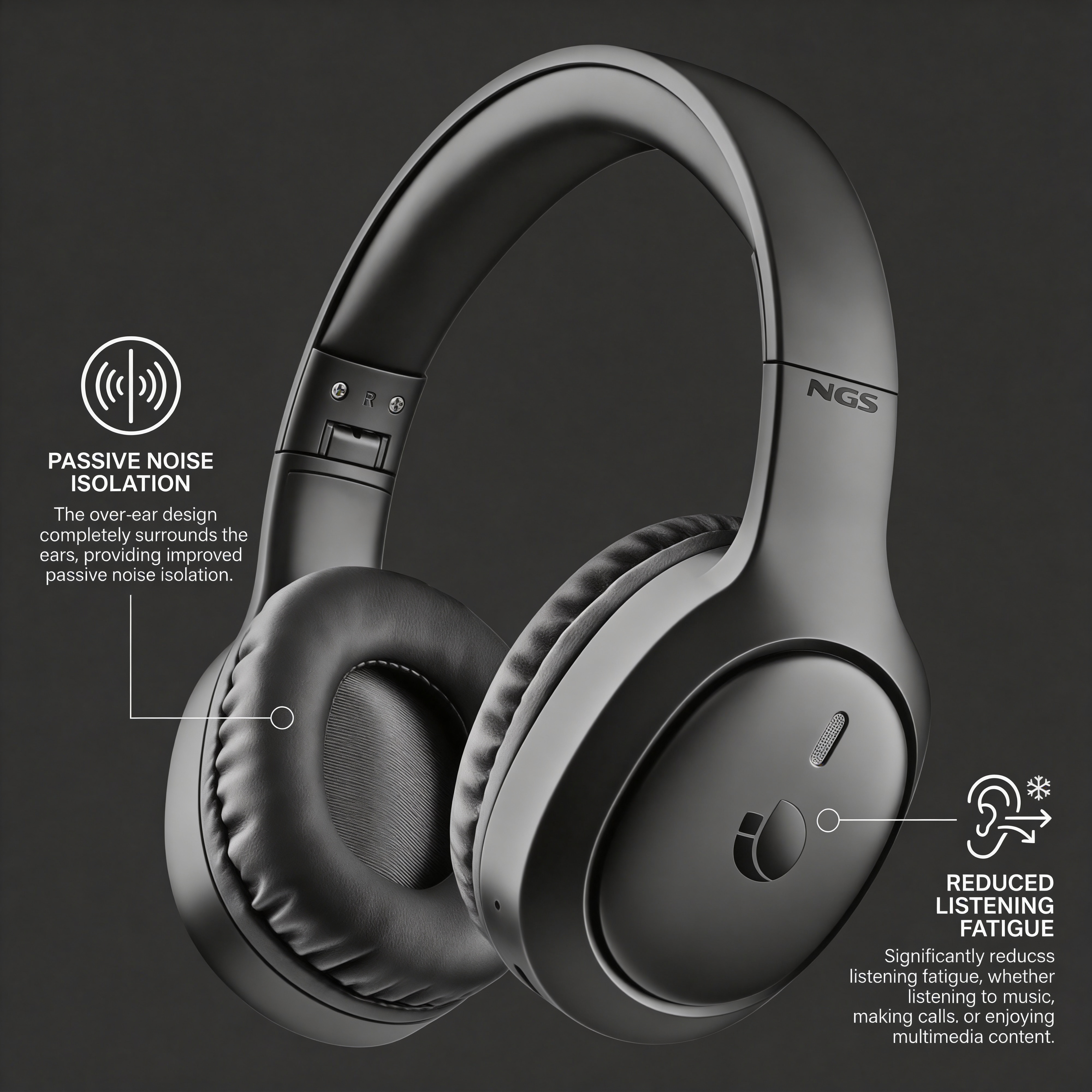 Cuffie nere over-ear con isolamento passivo dal rumore e icona affaticamento uditivo ridotto.