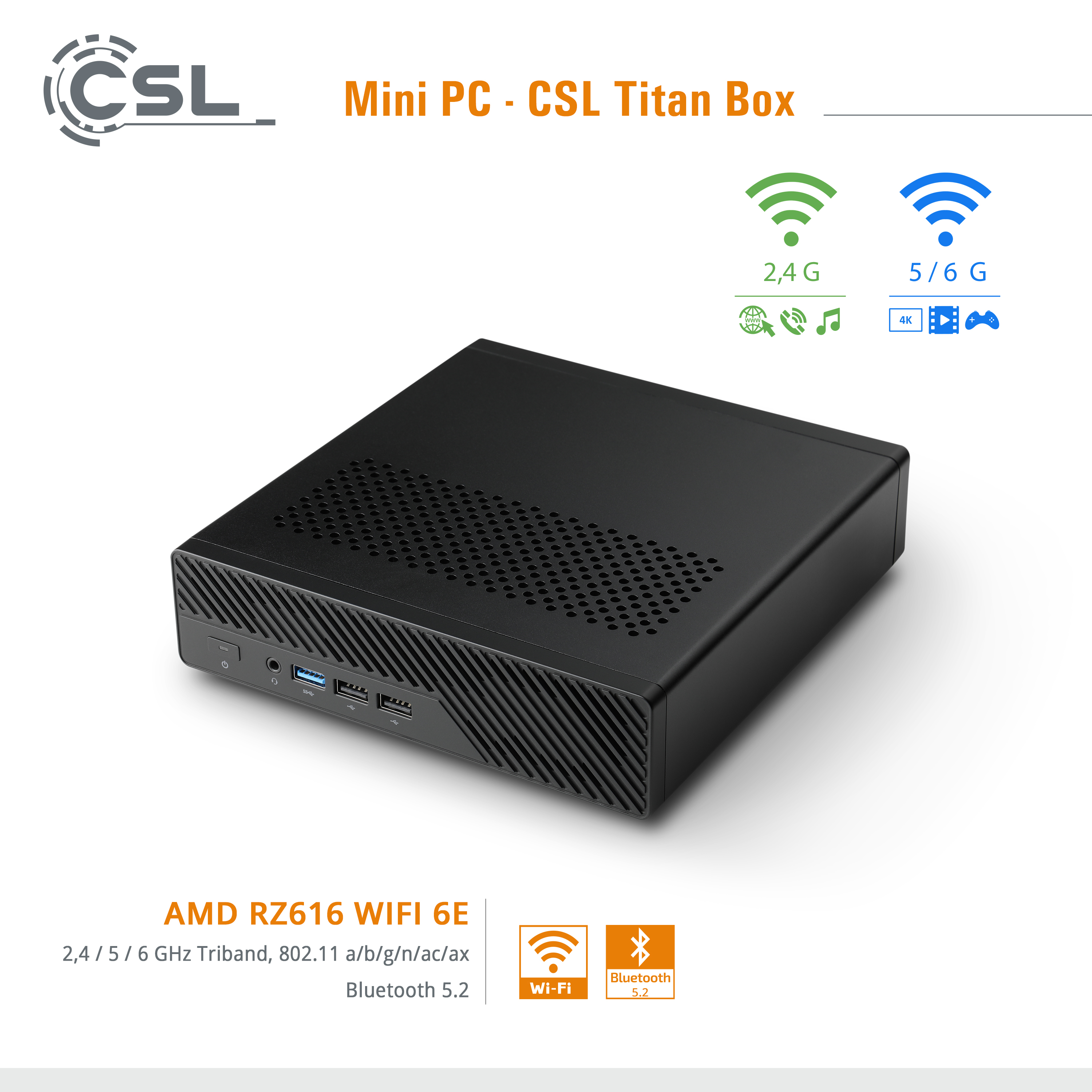 Ein schwarzer CSL Titan Box Mini-PC mit Anschlüssen und WLAN-Symbolen.