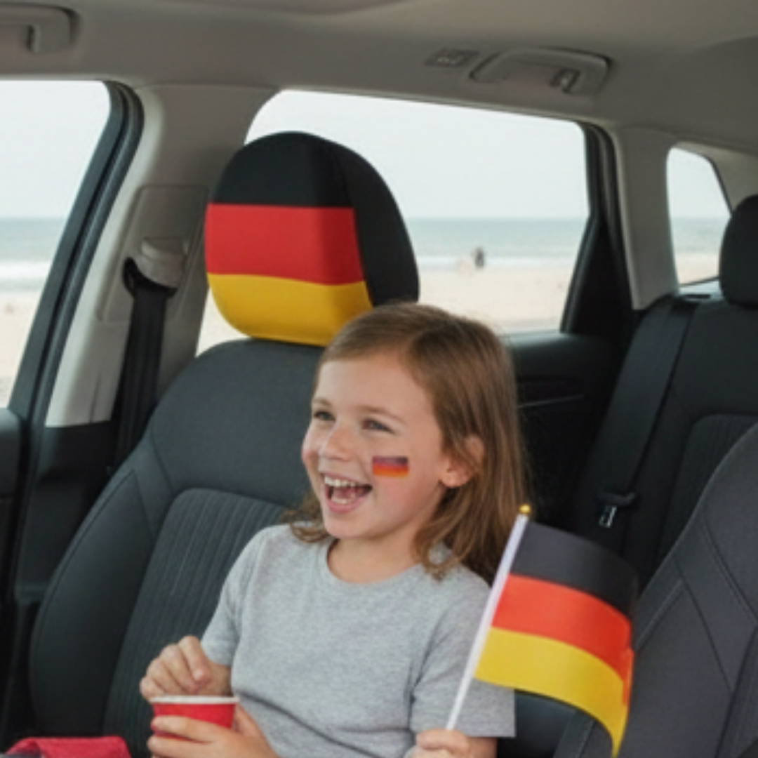 Ein Mädchen mit Deutschlandflaggen-Schminke im Auto am Strand, hält eine Flagge.