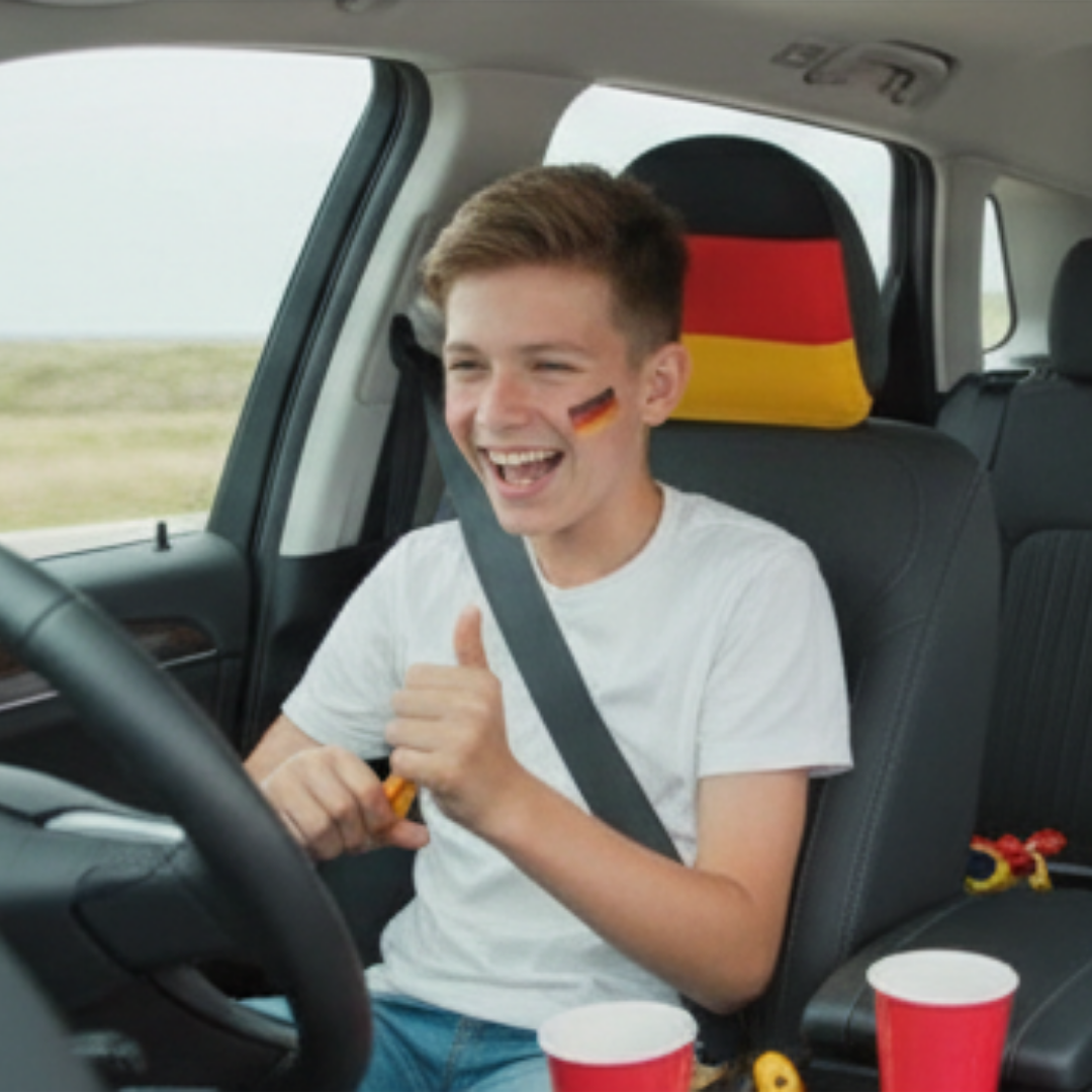 Ein Junge im Auto mit Deutschlandflagge auf der Wange gibt Daumen hoch.