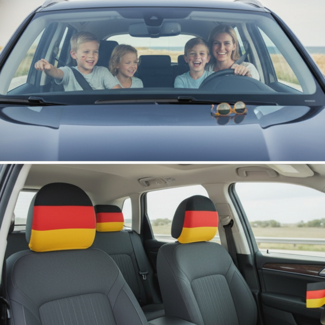 Familie im Auto mit Deutschlandflaggen-Kopfstützen und Bemalung.