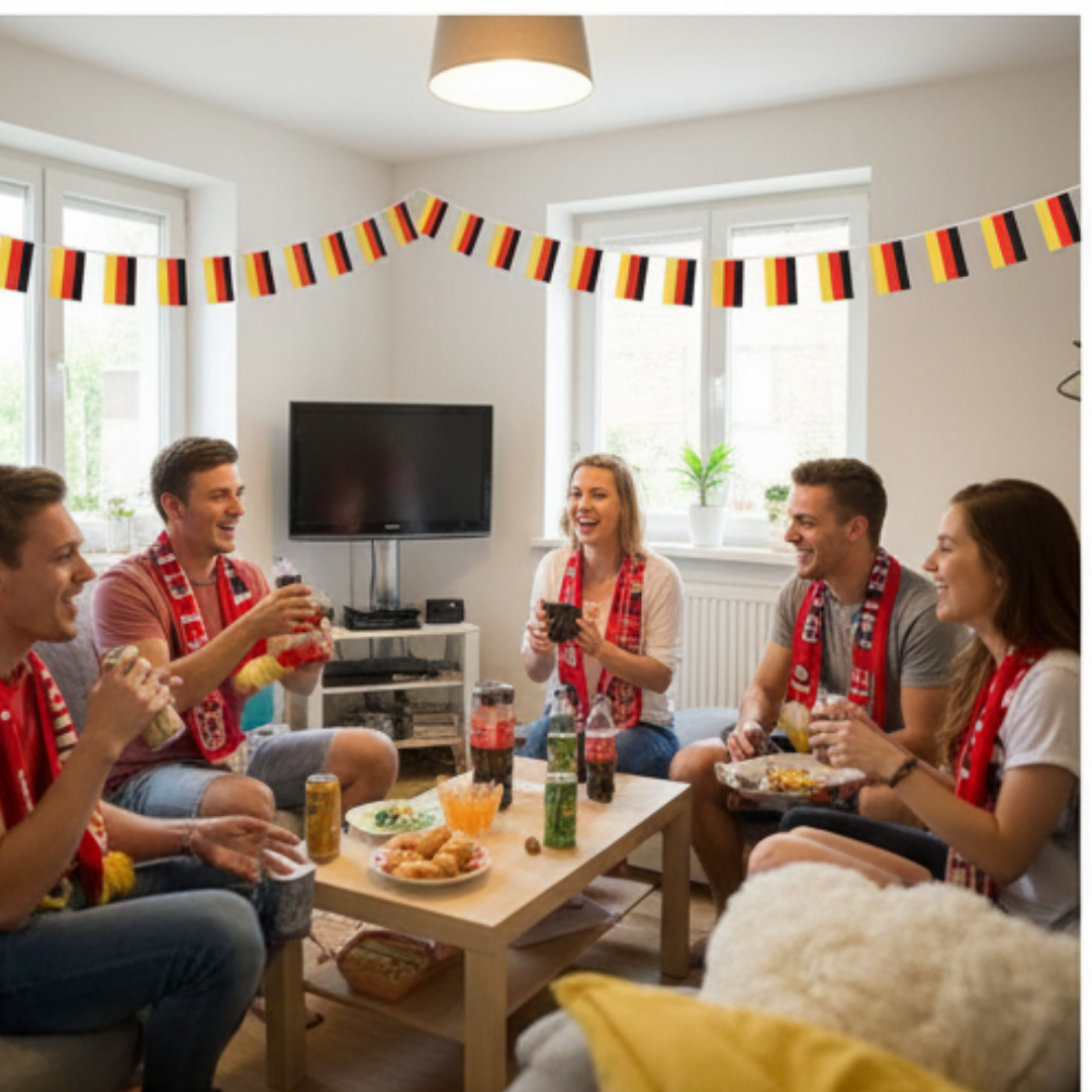 Fünf Freunde feiern drinnen mit Deutschlandflaggen und Snacks.
