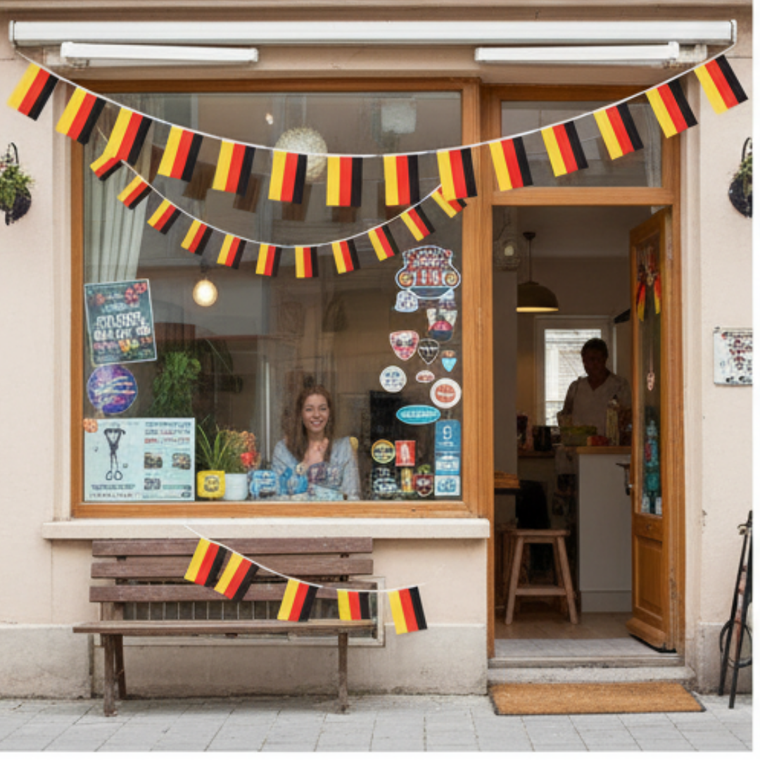 Ein Laden mit Deutschlandflaggen-Girlanden und einer Frau im Fenster.
