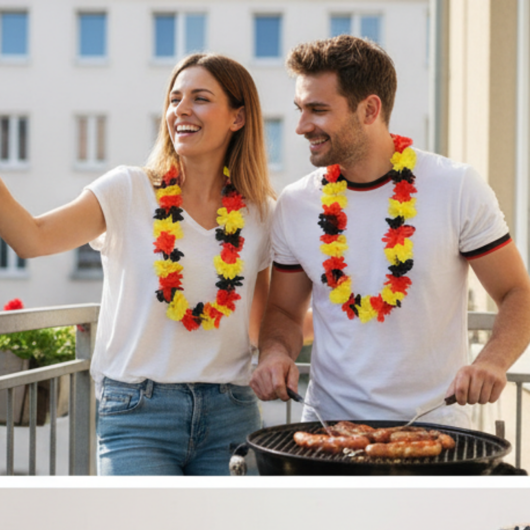 Paar in Deutschlandfarben grillt Würstchen auf einem Balkon.