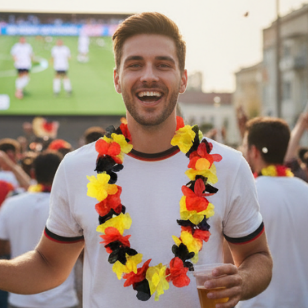 Ein Mann in einem weißen T-Shirt mit einer Deutschland-Girlande, der Bier trinkt.