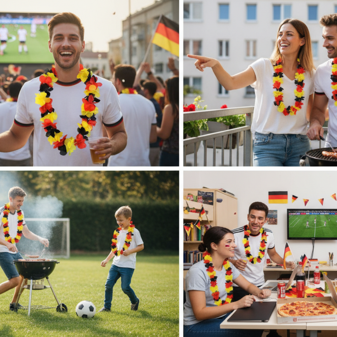 Vier Szenen von Menschen, die ein deutsches Fußballspiel mit Flaggen und Blumenketten feiern.