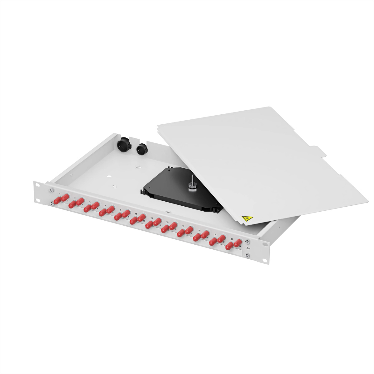 Weißes Rackmount-Gehäuse mit offener Klappe, zeigt rot gekappte Ports und eine schwarze Faserspule.