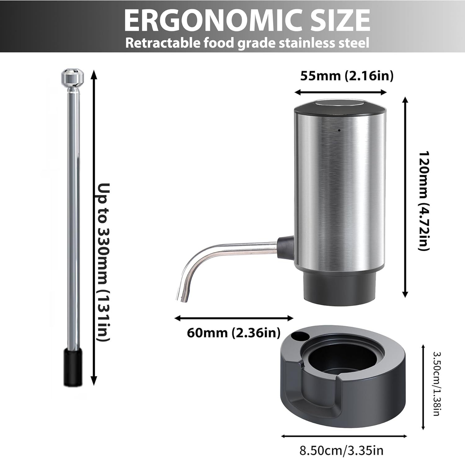 Edelstahlwasserpumpe mit Maßen: 55x120mm, 60mm Auslauf, 330mm Schlauch, 85x35mm Basis.