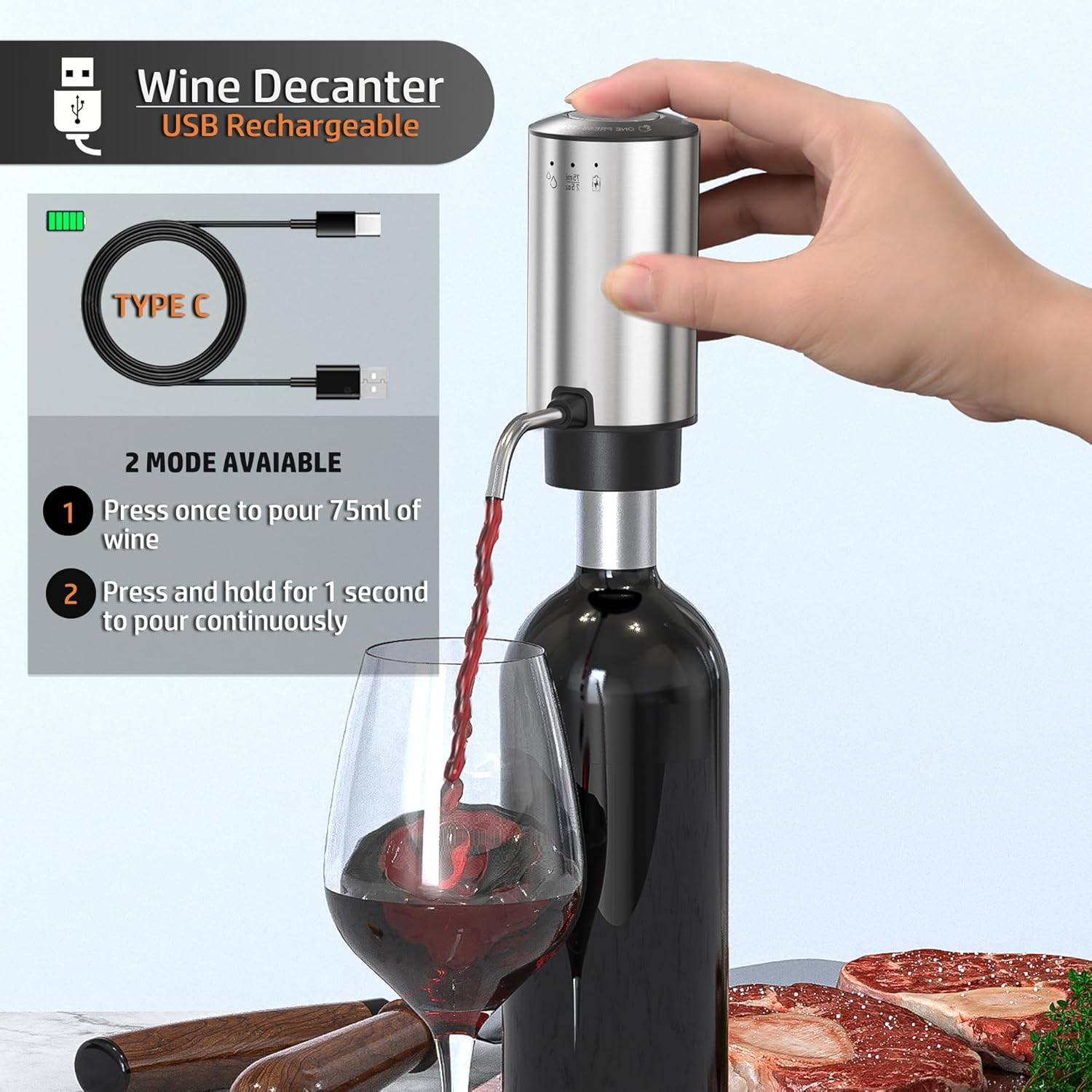 Ein silberner Weinspender pumpt Rotwein in ein Glas. Er ist USB-wiederaufladbar.