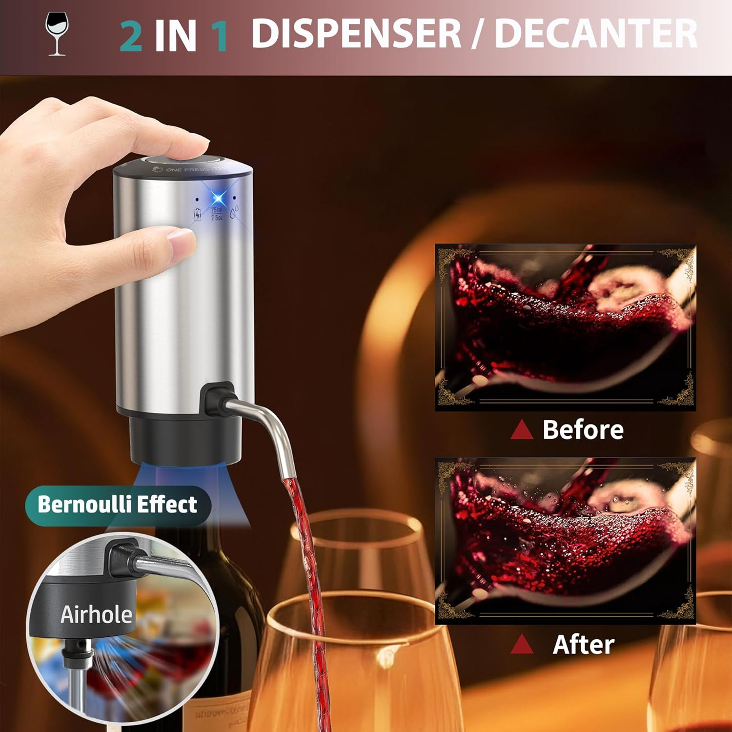Ein silberner Weinspender und Dekanter mit einem Knopf und einem Display, der Rotwein ausgießt.