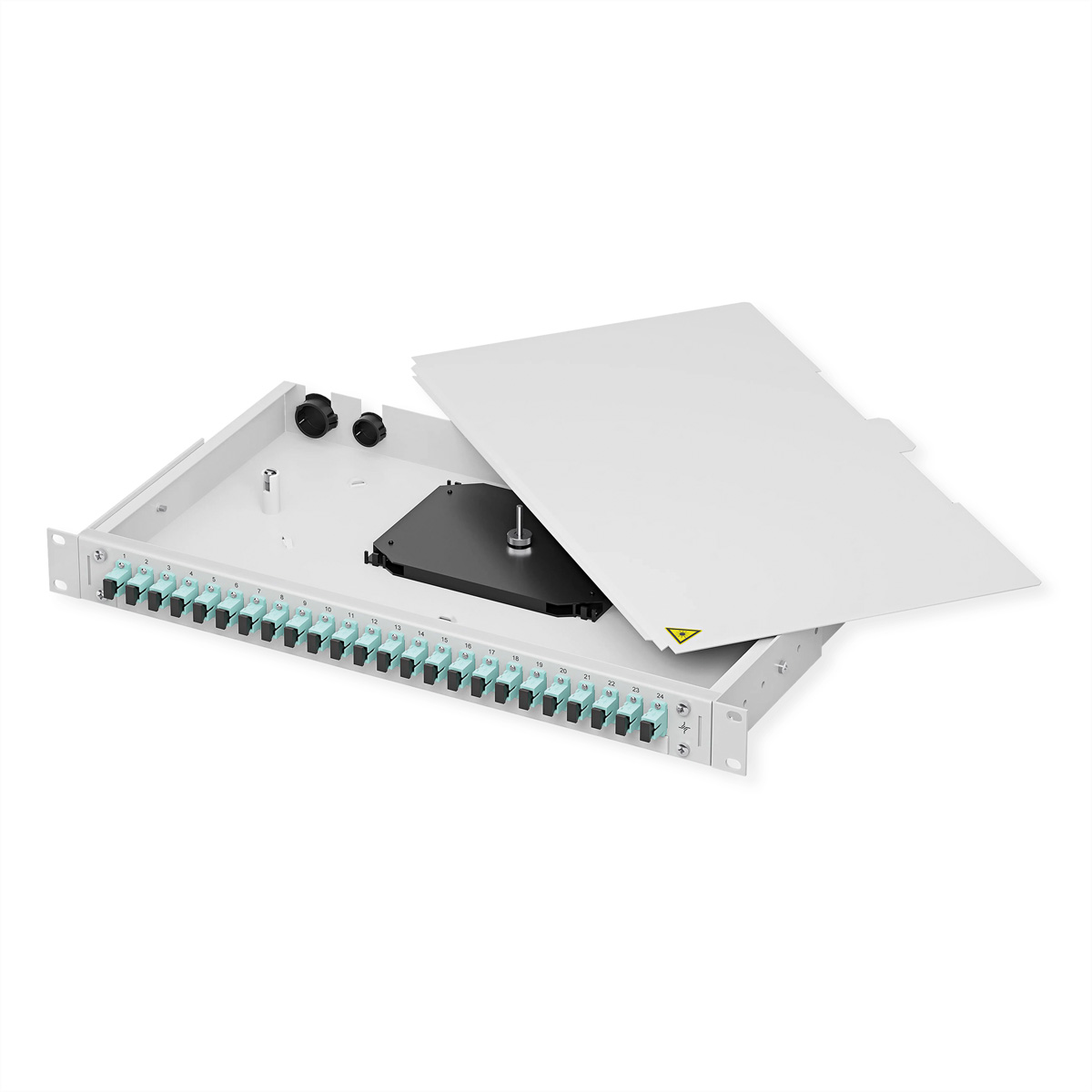 Rack-Montage-Glasfaser-Patchpanel mit 24 blauen LC-Anschlüssen und teiloffenem Deckel.