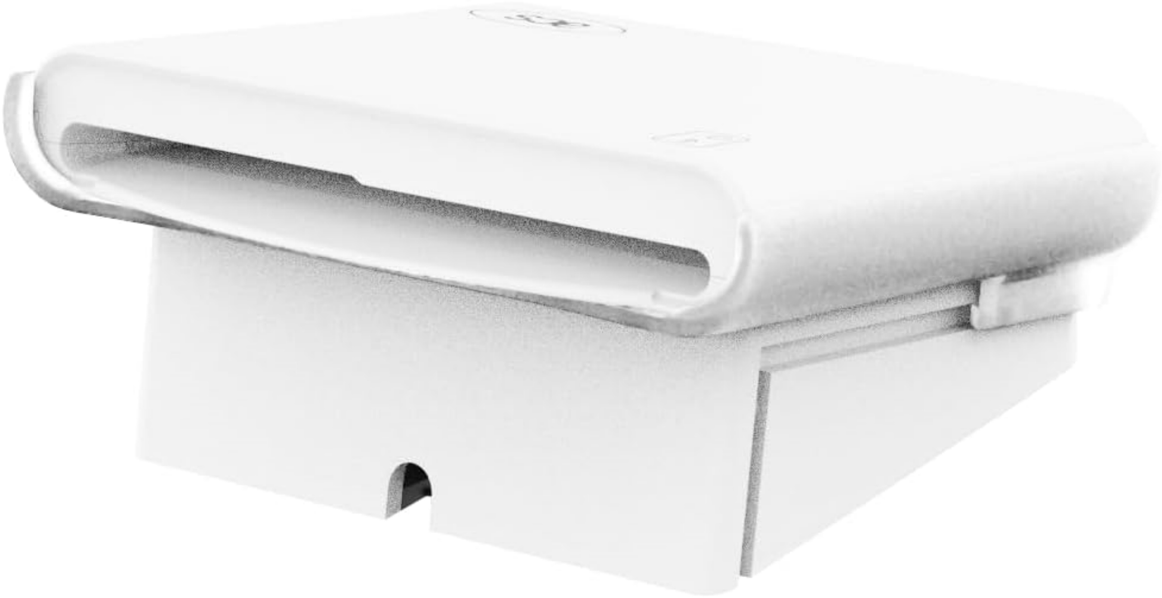 Ein weißer Drucker mit einem Schlitz für Papier, auf einem weißen Hintergrund.