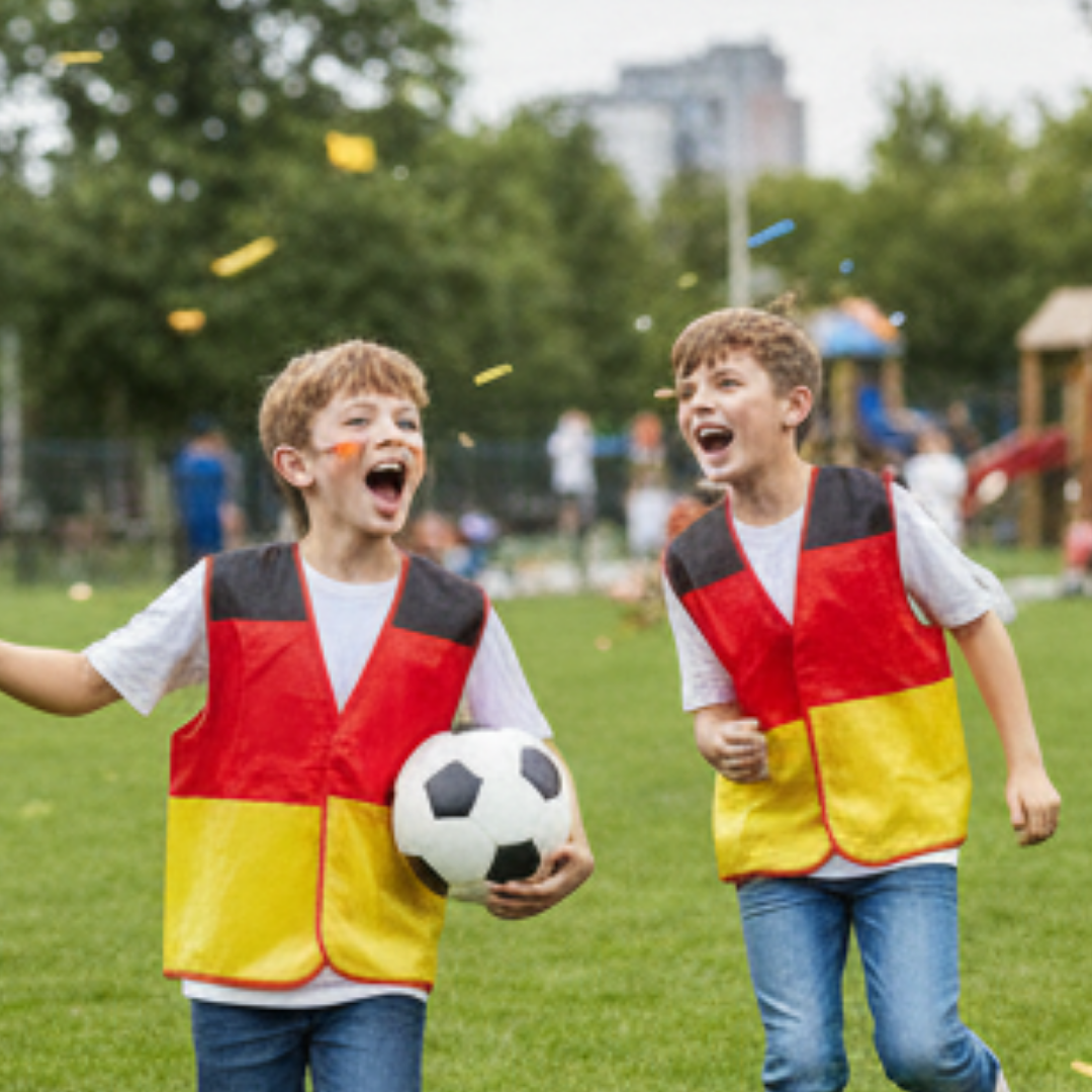 Zwei Jungen in Deutschland-Flaggenwesten jubeln mit einem Fußball auf einem Rasen.