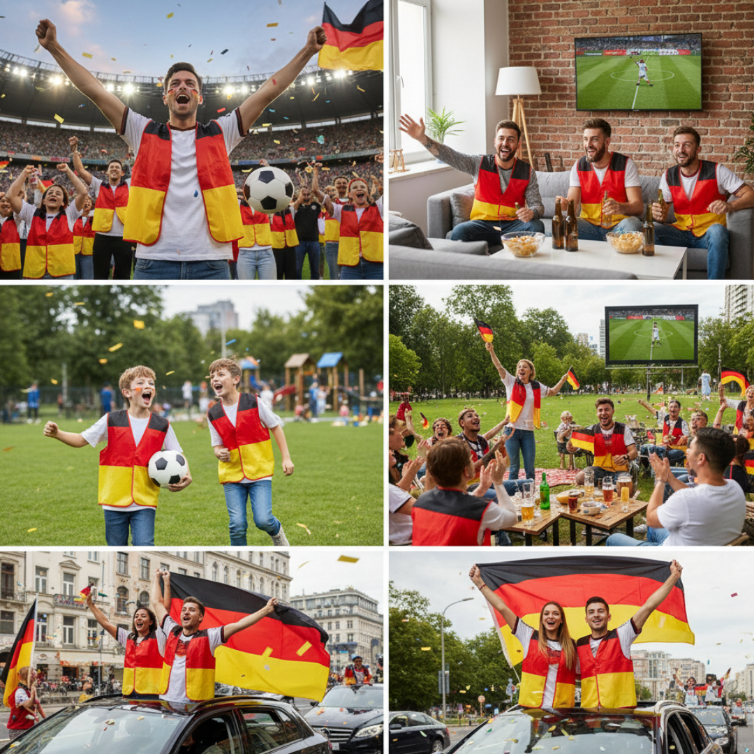 Fußballfans in Deutschlandfarben feiern, jubeln und schwenken Flaggen.