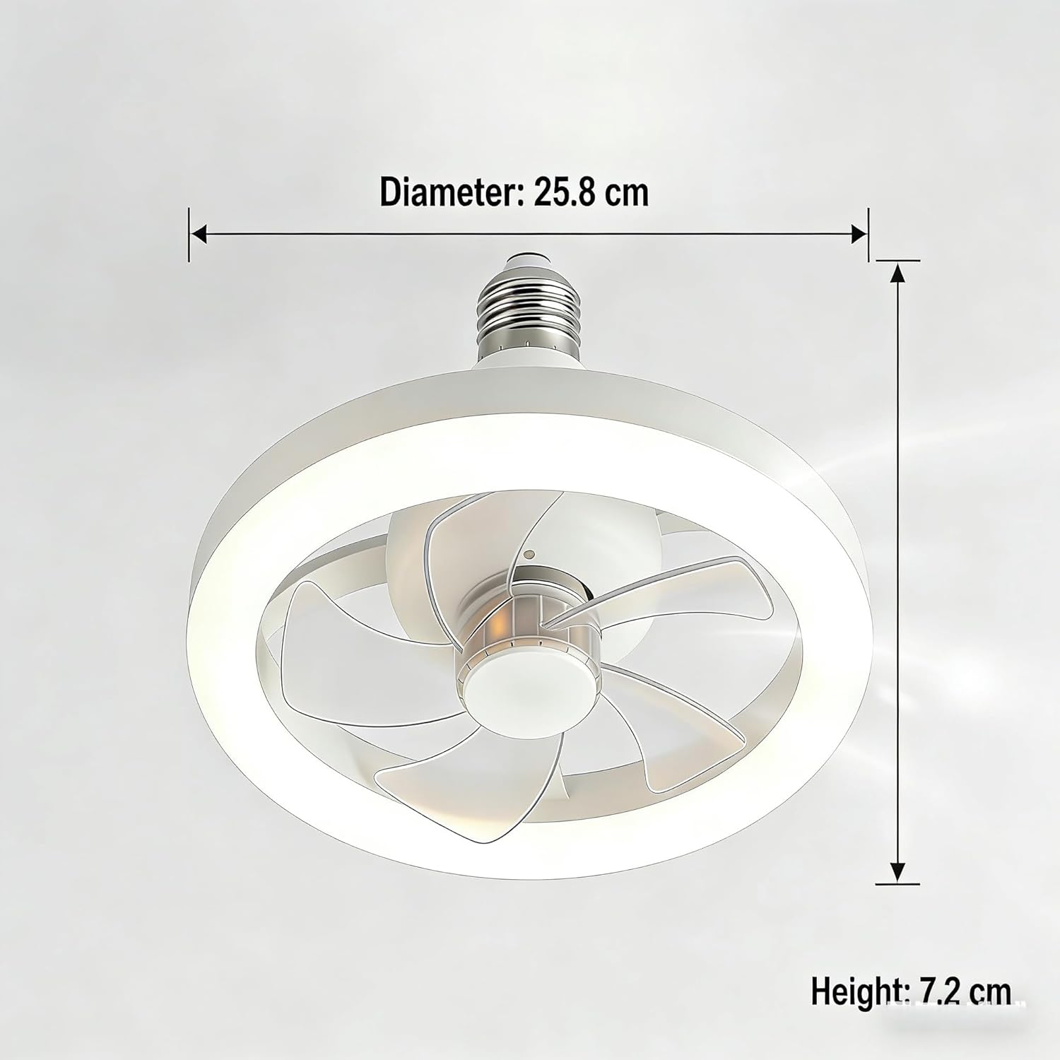 Ein runder Deckenventilator mit Beleuchtung, 25,8 cm Durchmesser.
