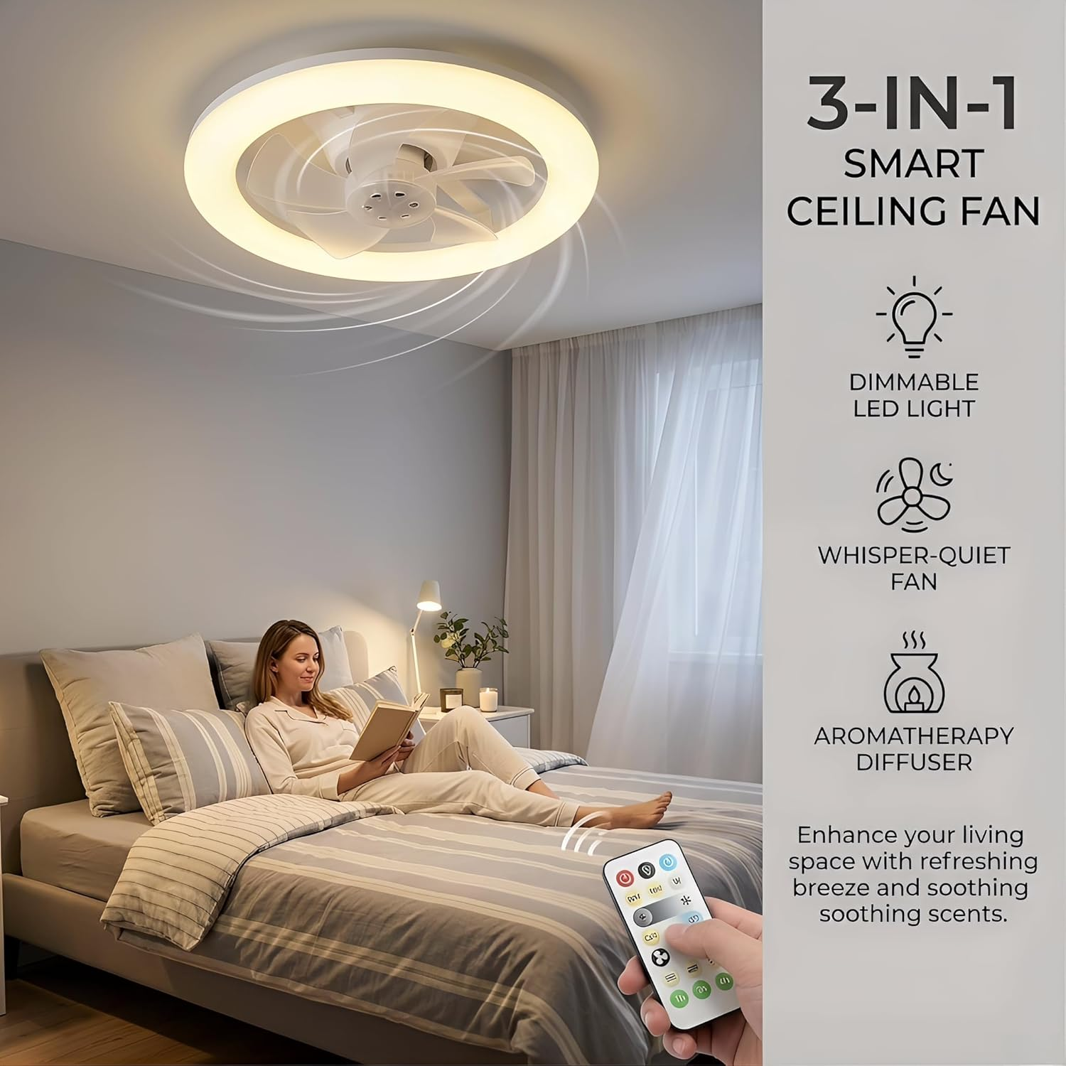 Deckenventilator mit dimmbarem Licht, leiser Lüfter und Aromatherapie.