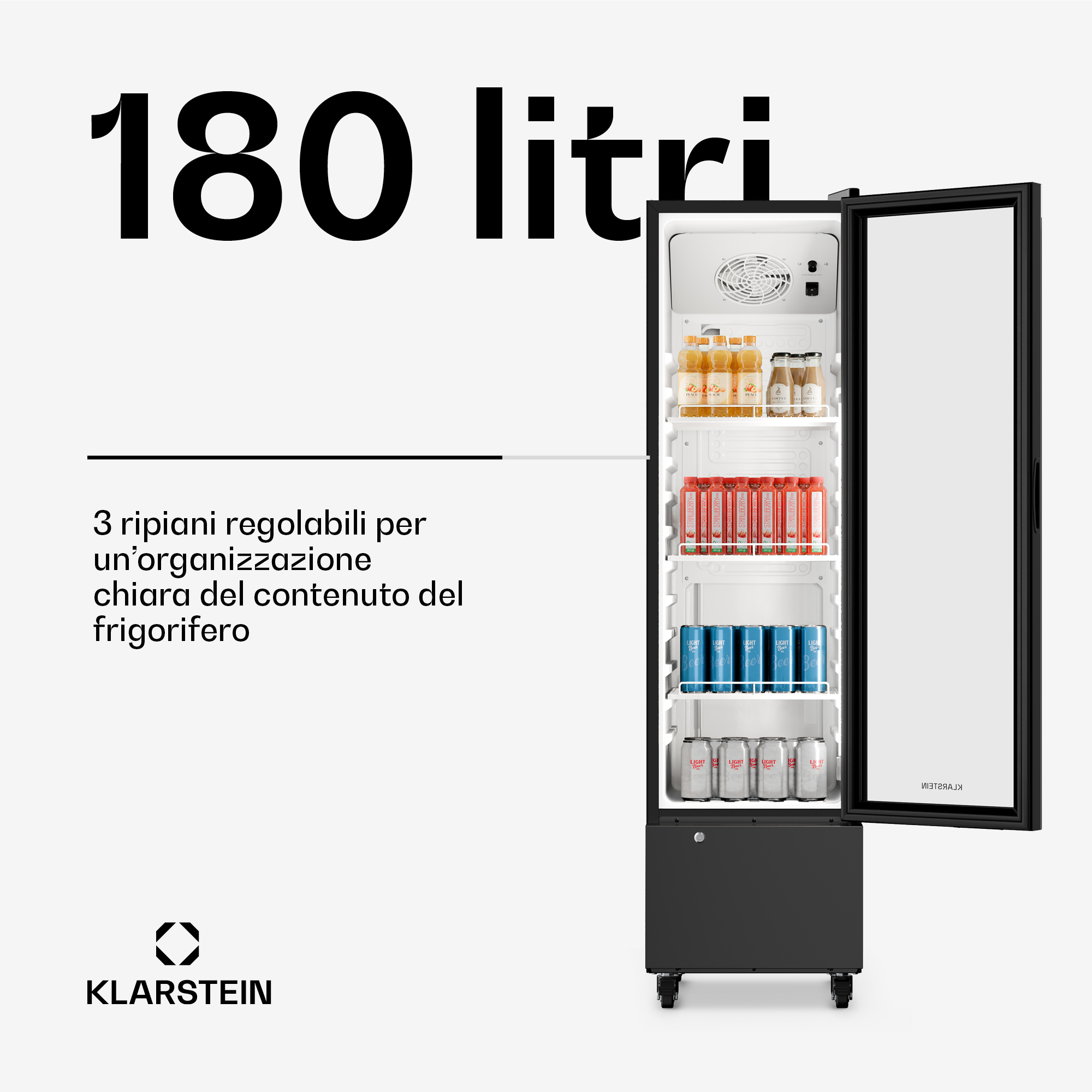 Frigorifero nero con porta in vetro, pieno di bevande, 180 litri.