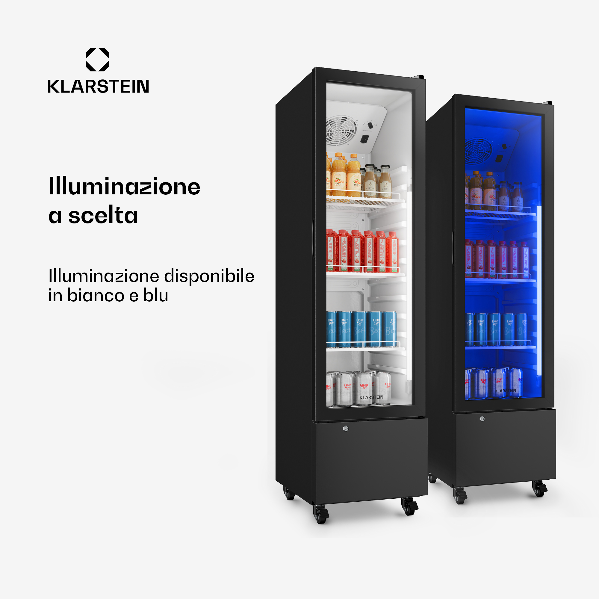 Due frigoriferi espositore Klarstein con porte in vetro, pieni di bevande. Uno illuminato di bianco, l'altro di blu.