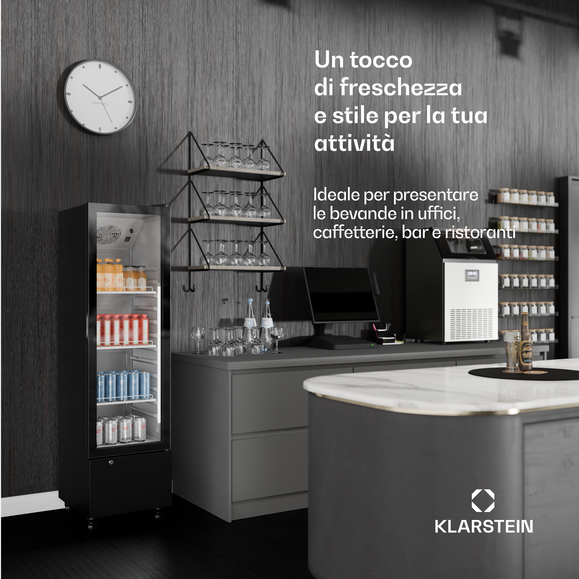 Un frigorifero con bevande, una macchina del ghiaccio, bicchieri e un POS.