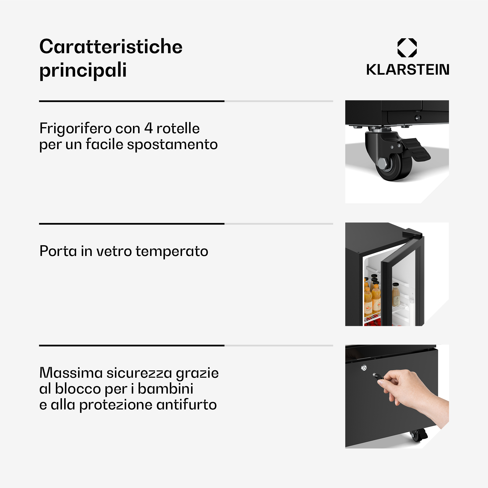 Frigorifero nero con porta in vetro, ruote e blocco bambini.