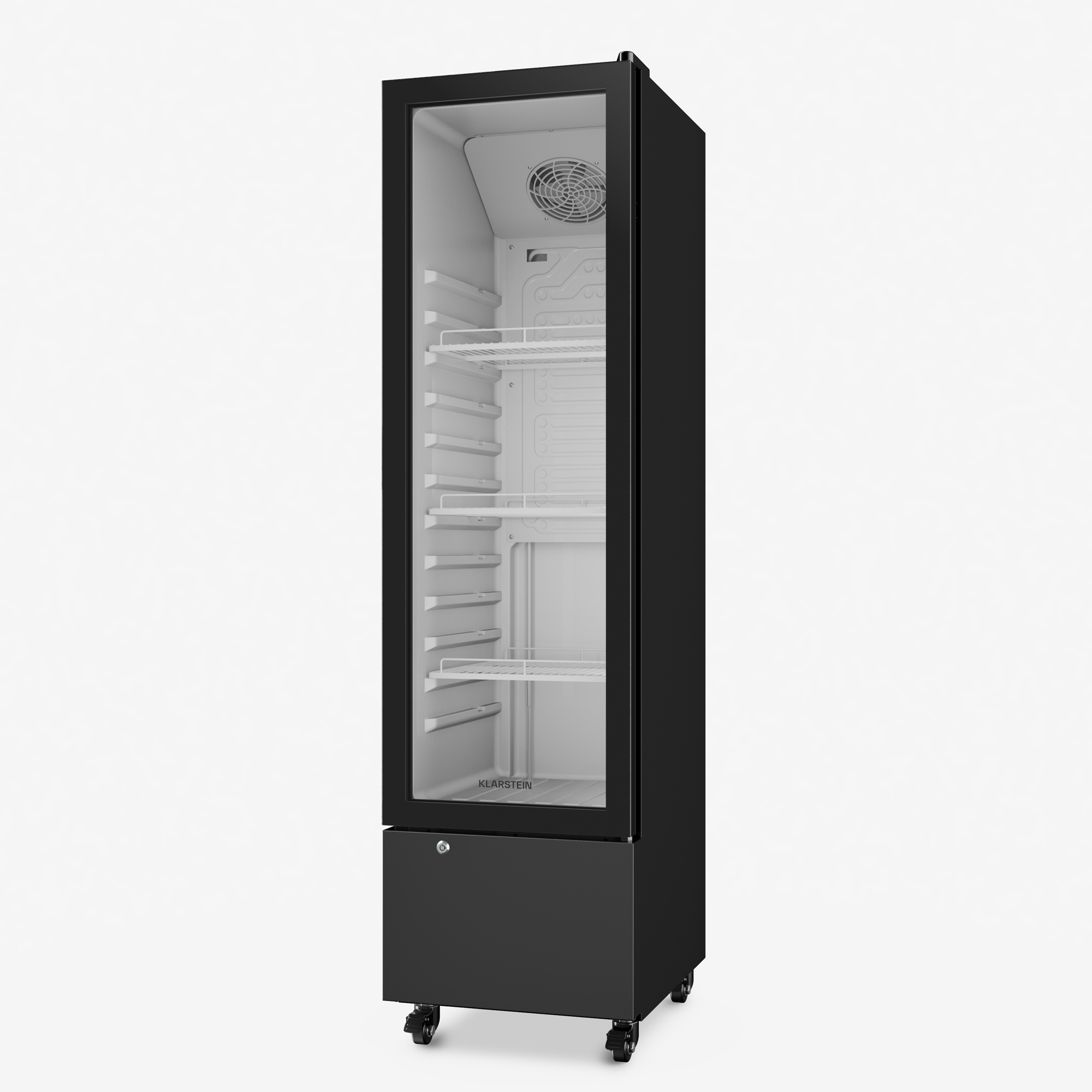 Un frigorifero nero sottile con porta in vetro e ruote su sfondo bianco.