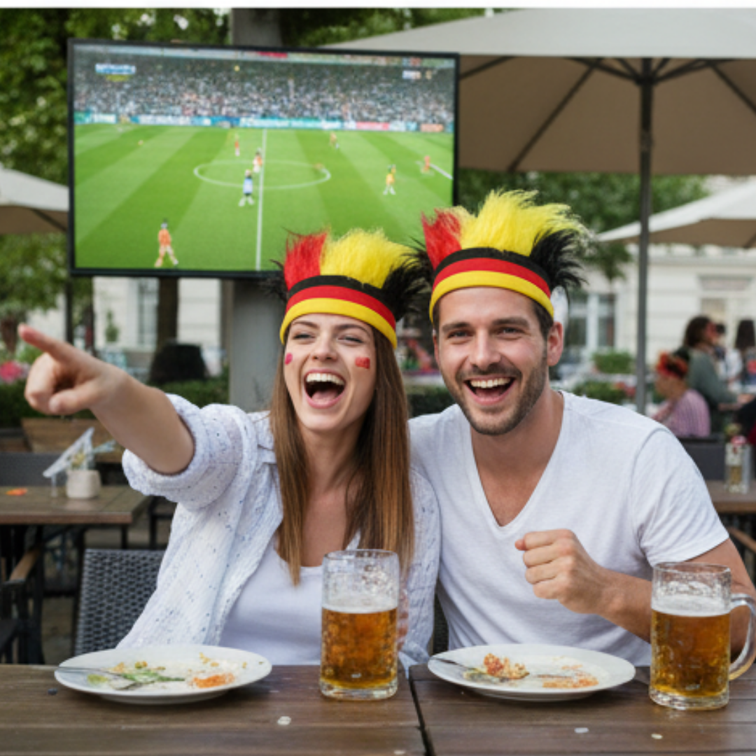 Ein Paar mit Deutschland-Haarspitzen lacht und schaut Fußball auf einem Bildschirm.