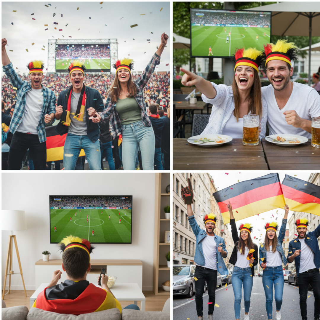 Fans jubeln bei einem Fußballspiel mit Deutschlandflaggen und Konfetti.