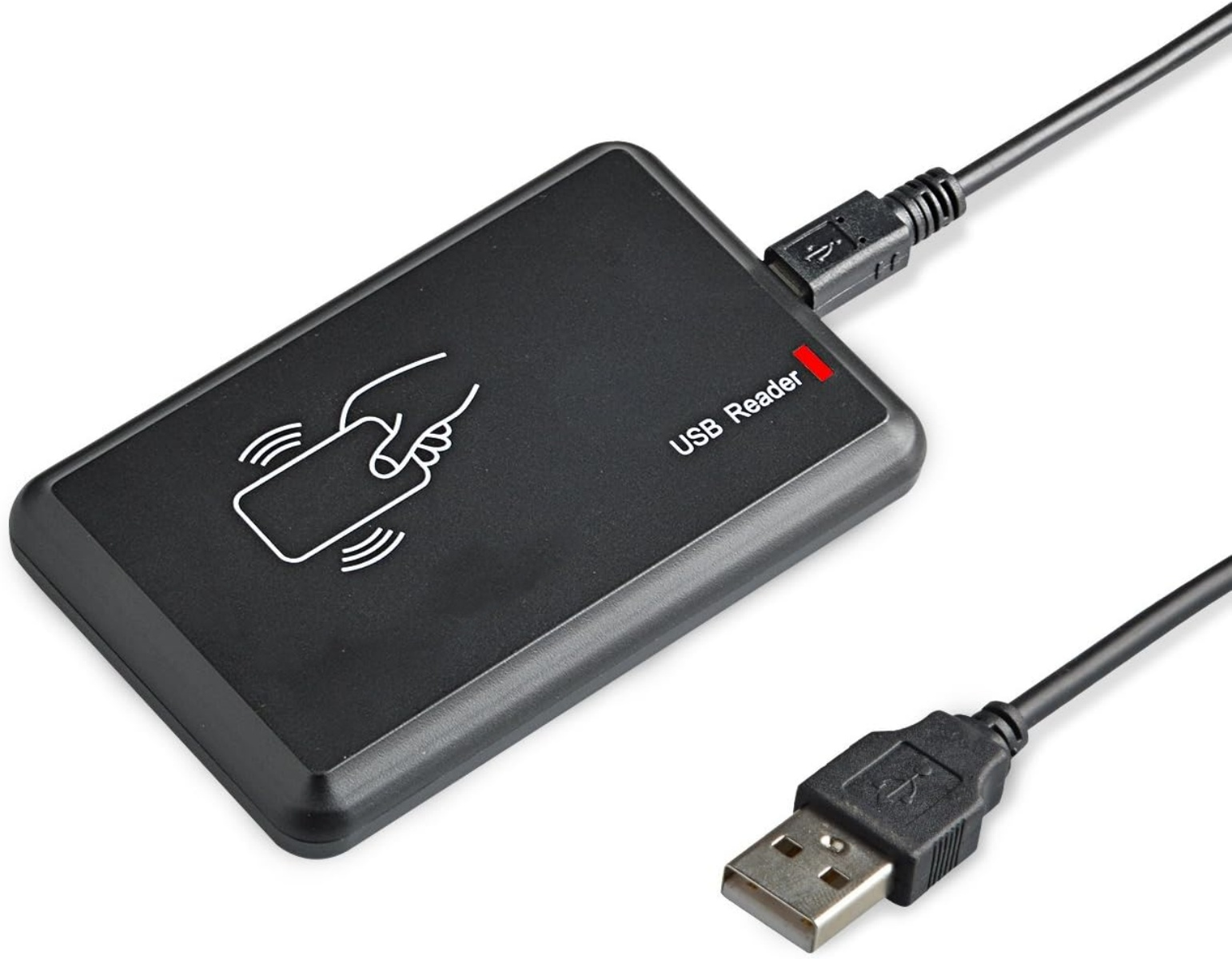 Schwarzer USB-Kartenleser mit einem eingesteckten USB-Kabel und einem Symbol für Kartenzugriff.