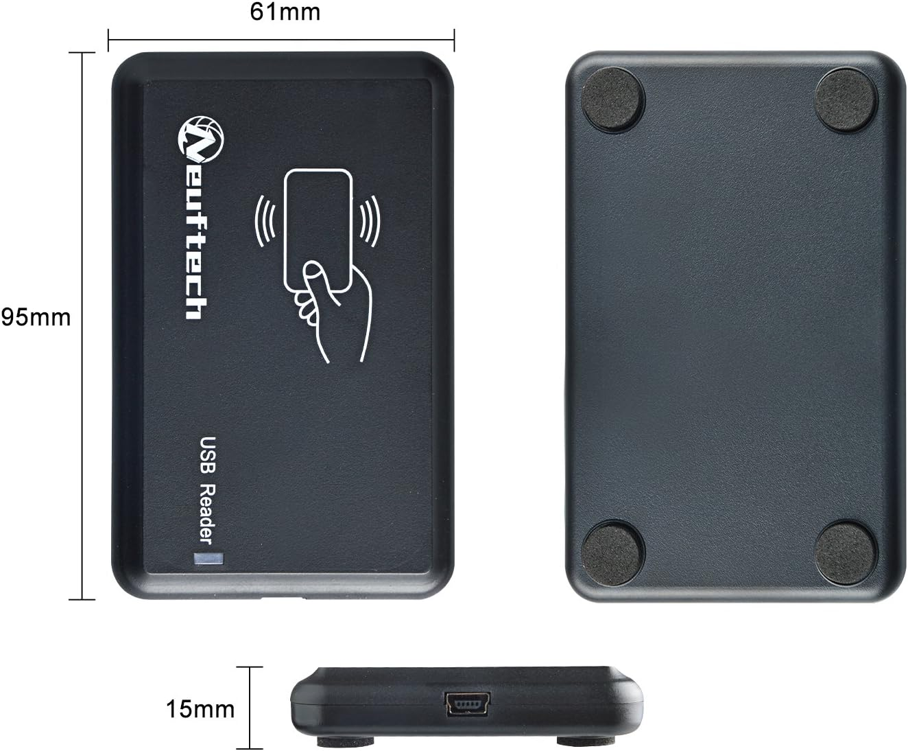 Schwarzer USB-Kartenleser mit Logo, Hand- und Kartensymbol, Maßen.
