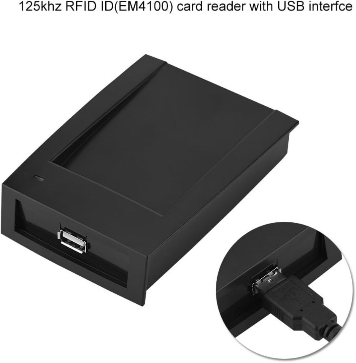 Schwarzer RFID-Kartenleser mit USB-Anschluss, Nahaufnahme.