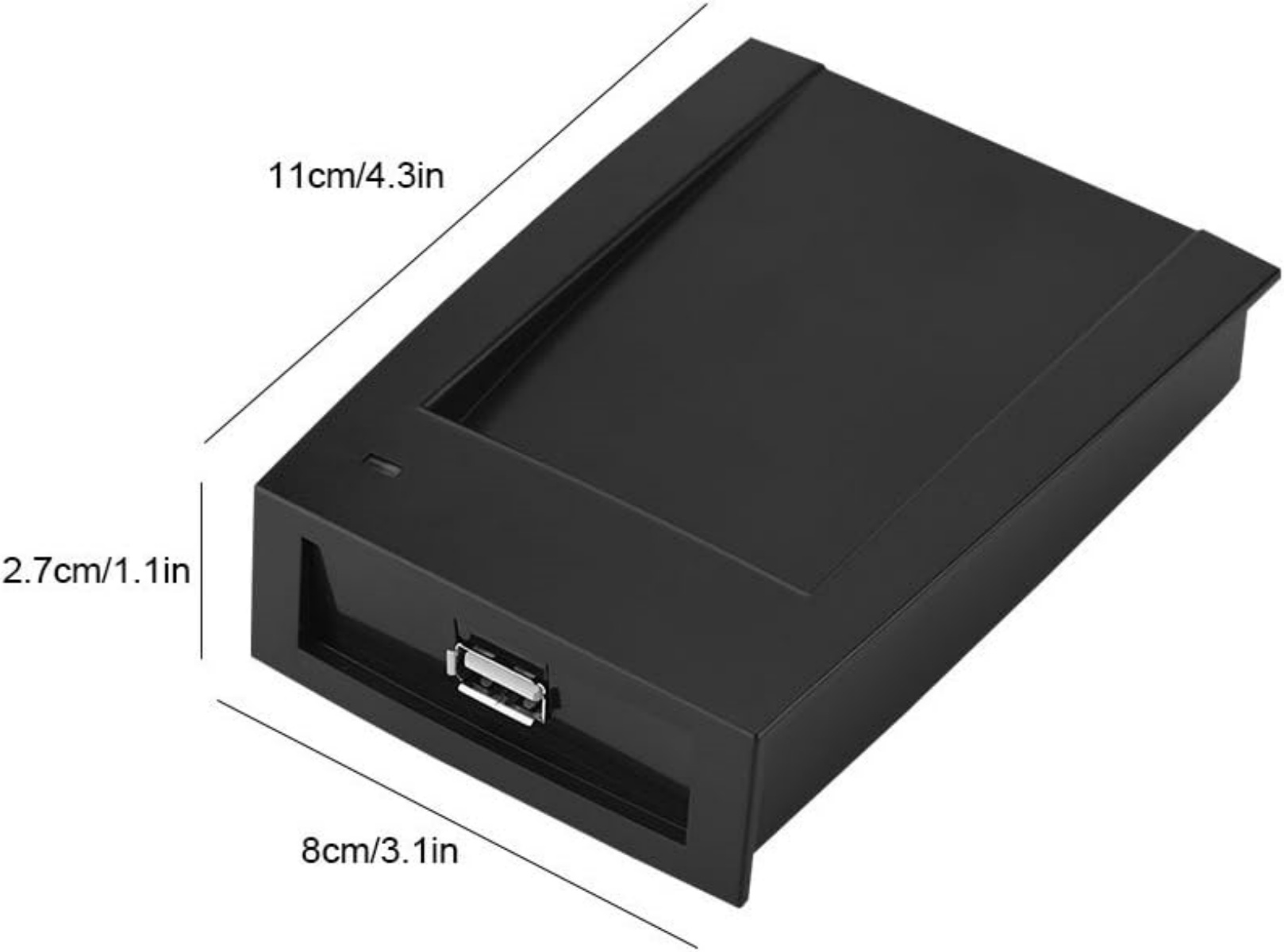 Schwarzes externes Festplattengehäuse mit USB-Anschluss und Maßen.