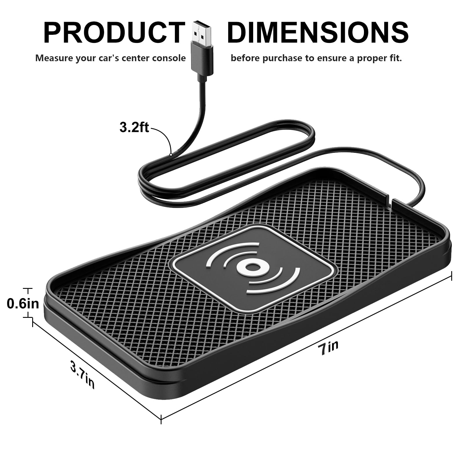 Schwarzes Lade-Pad mit USB-Kabel und Maßen 7x3,7x0,6 Zoll, 3,2ft.