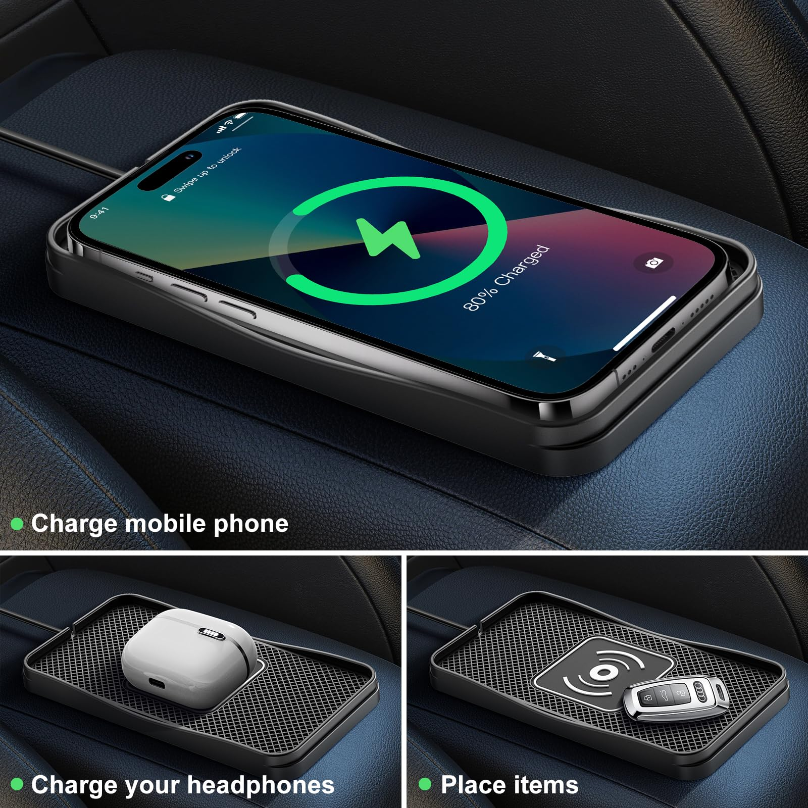Ein Smartphone lädt auf einem schwarzen Autozubehör. Daneben Kopfhörer und ein Autoschlüssel.
