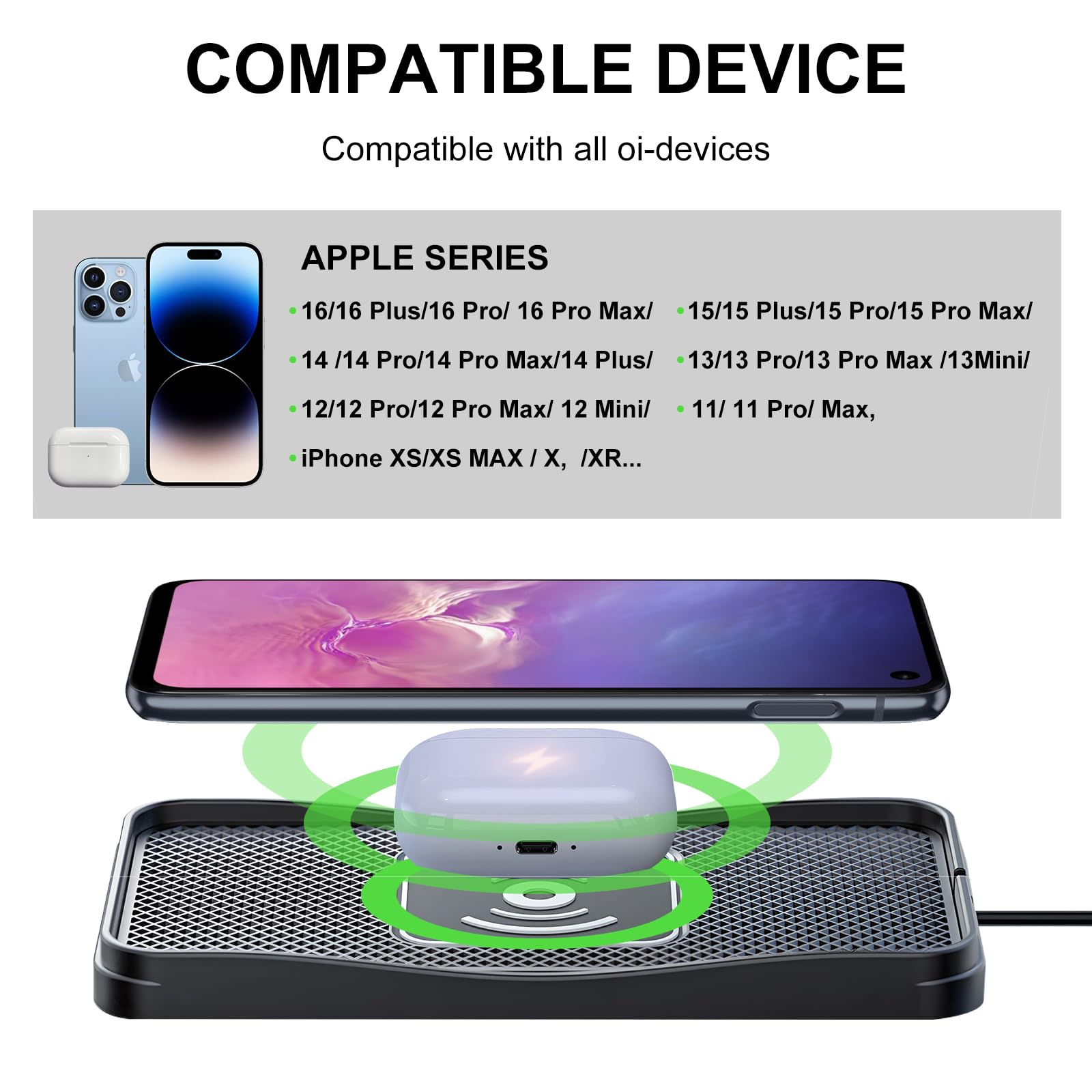 Kompatible Apple-Geräte: iPhones und AirPods auf kabellosem Ladegerät.