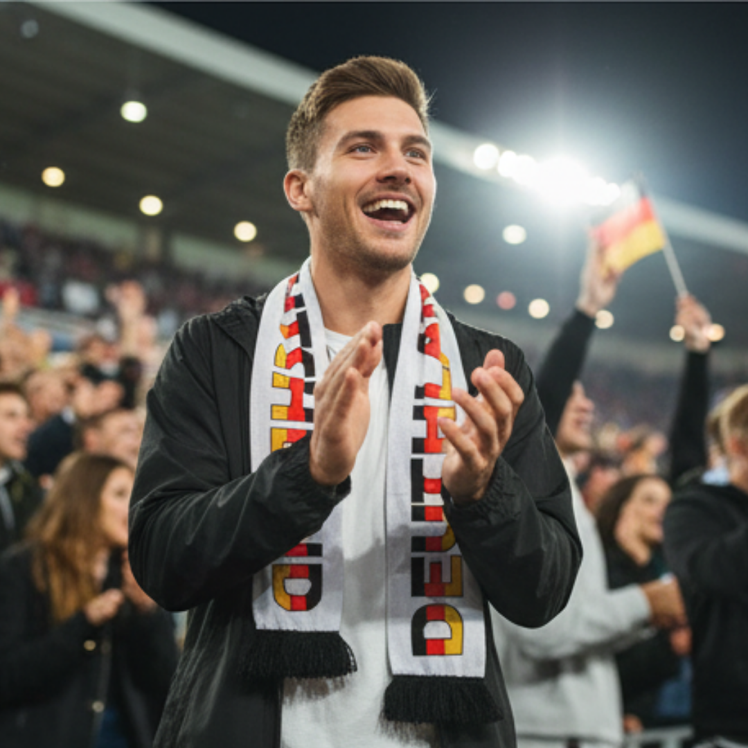 Ein Mann im Fußballstadion mit Deutschland-Schal klatscht und jubelt.