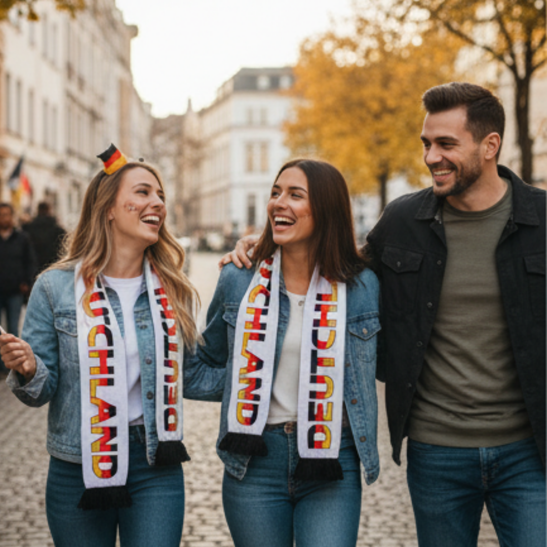 Drei lächelnde Freunde in Jeansjacken gehen die Straße entlang und tragen